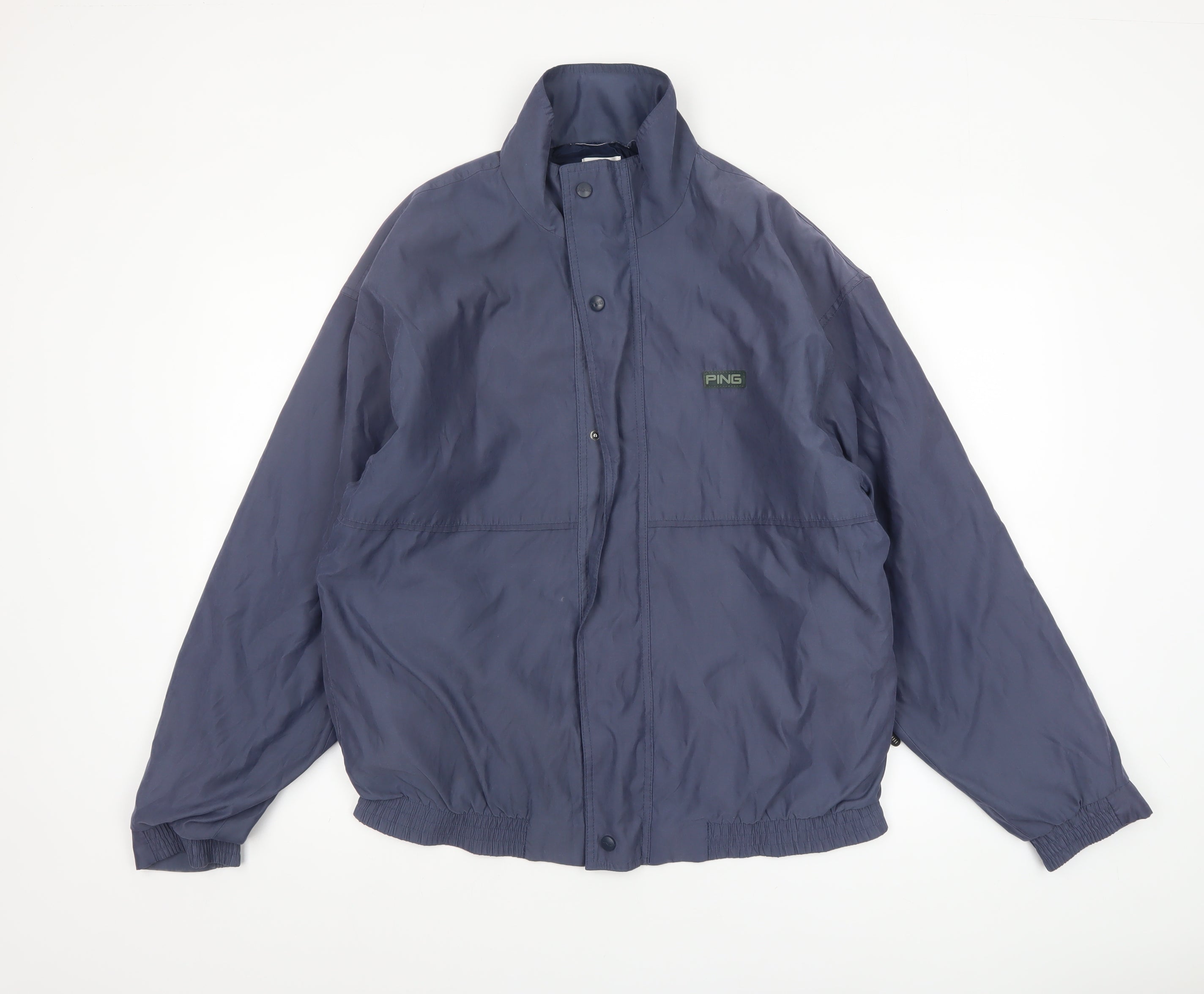 Mens Ping Size M Windbreaker Jacket Blue Short Casual Full Zip Logo - close detail