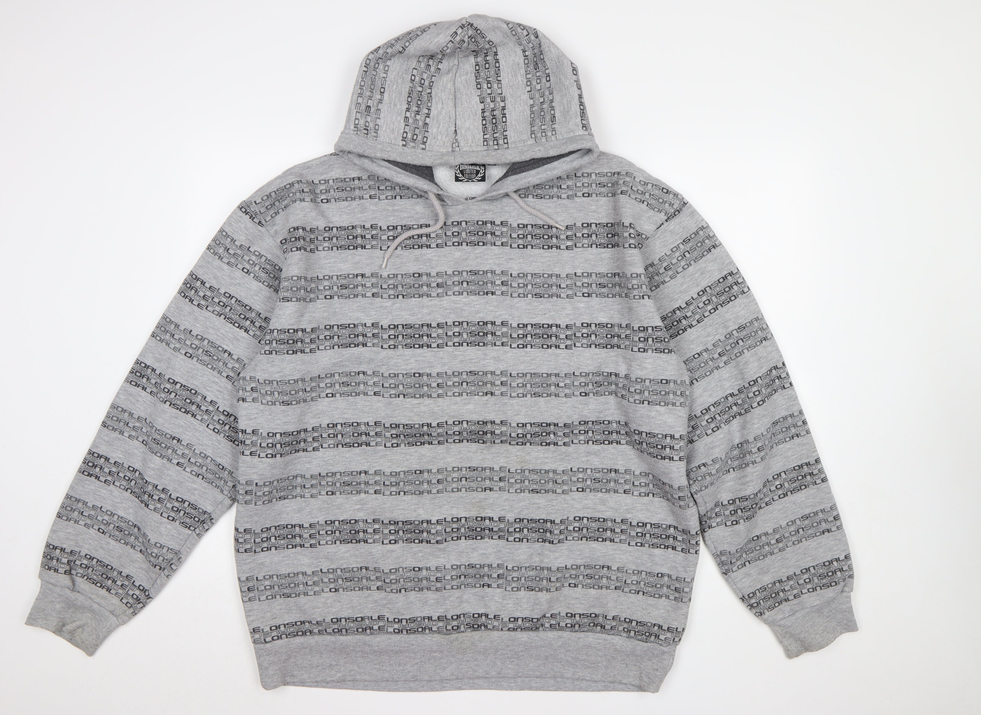 Lonsdale Mens Pullover Hoodie Size XL Grey Striped Long Sleeve Hooded Logo - reverse view