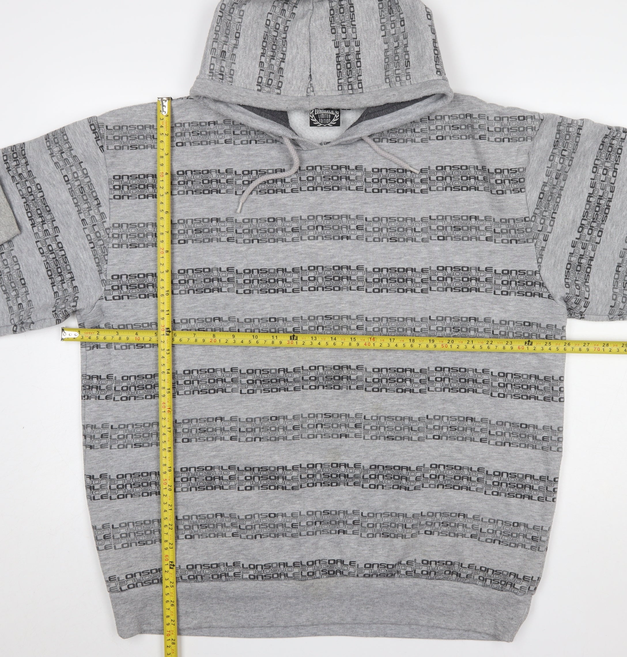 Lonsdale Mens Pullover Hoodie Size XL Grey Striped Long Sleeve Hooded Logo - label detail