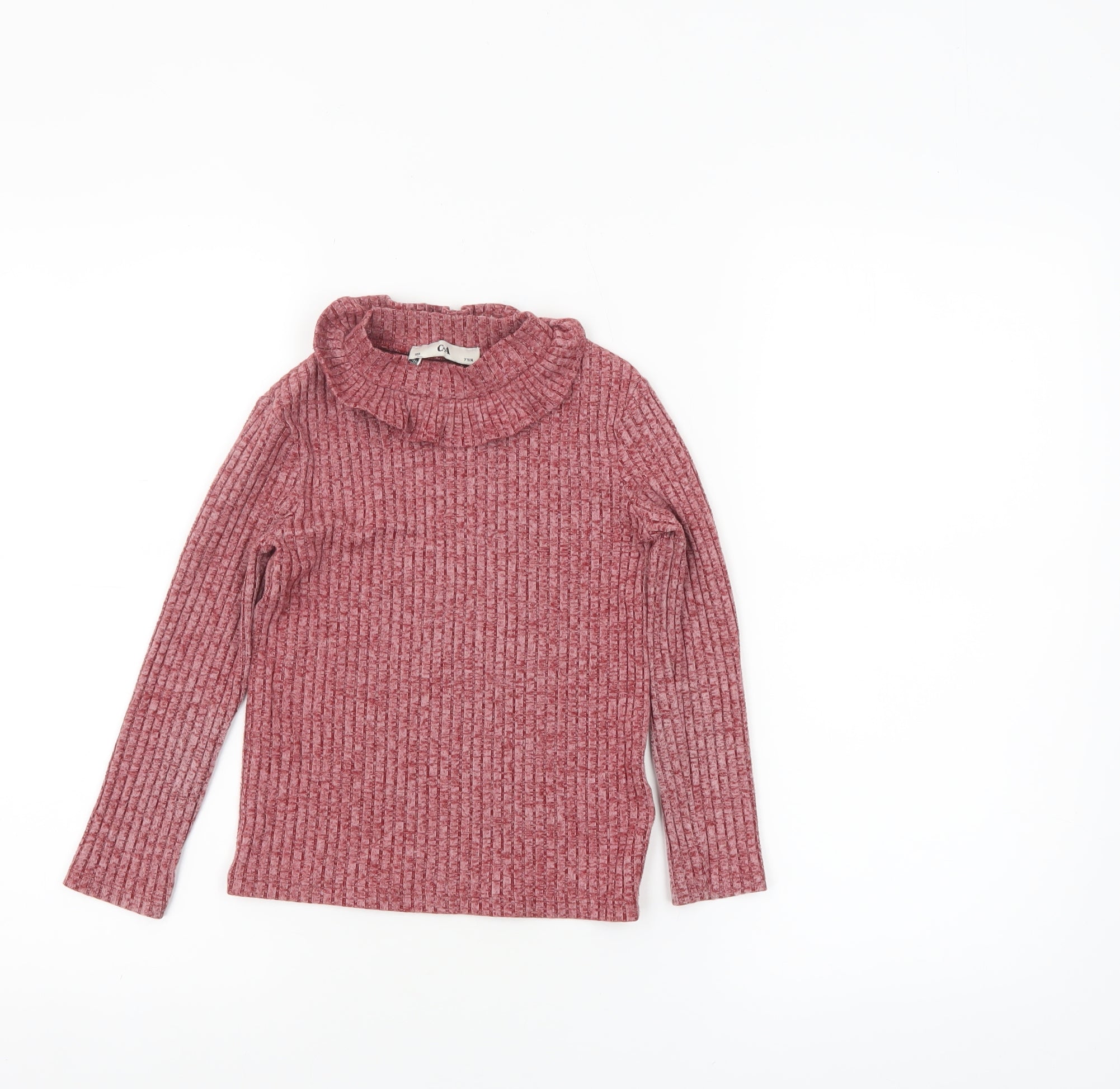 C&A Girls Pullover T-Shirt Size 7 Years Pink Solid High Neck Long Sleeve Casual - reverse view