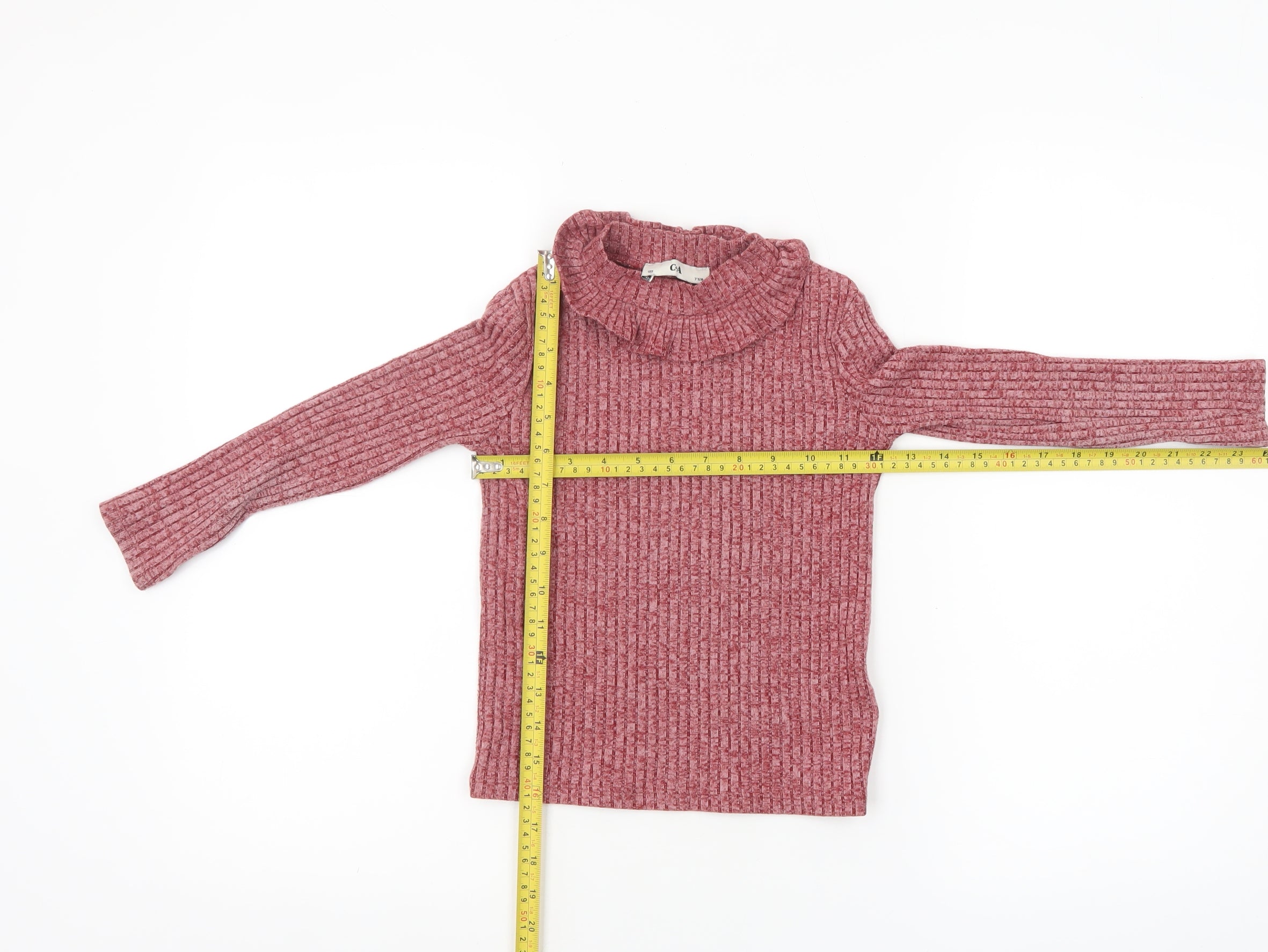 C&A Girls Pullover T-Shirt Size 7 Years Pink Solid High Neck Long Sleeve Casual - label detail