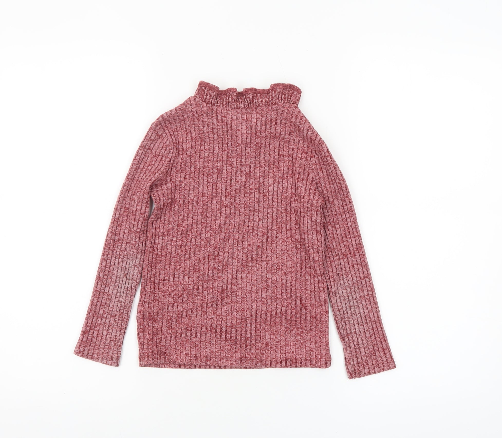 C&A Girls Pullover T-Shirt Size 7 Years Pink Solid High Neck Long Sleeve Casual - close detail