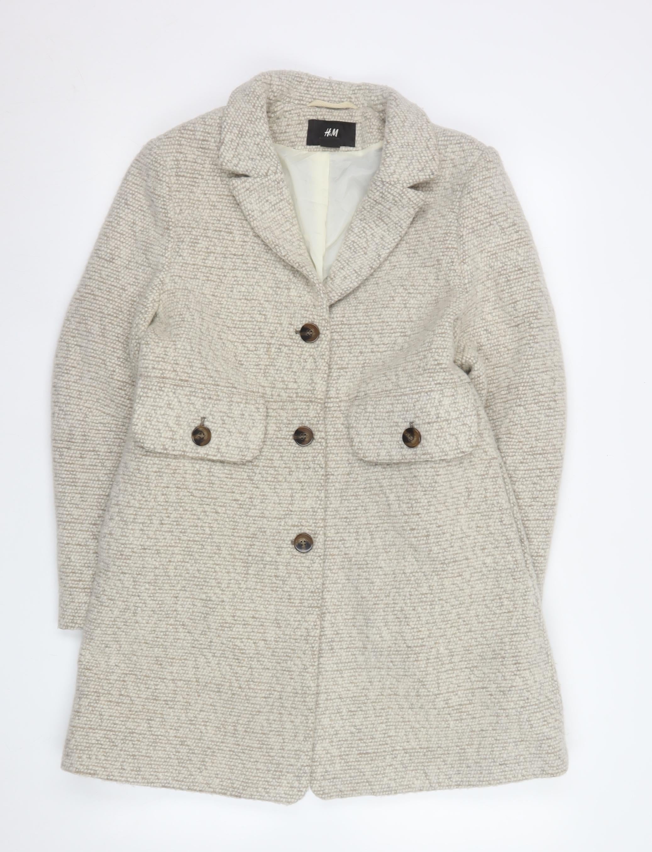 H&M Womens Overcoat Size 10 Beige Mid-Length Long Sleeve Casual Lined Button - reverse view