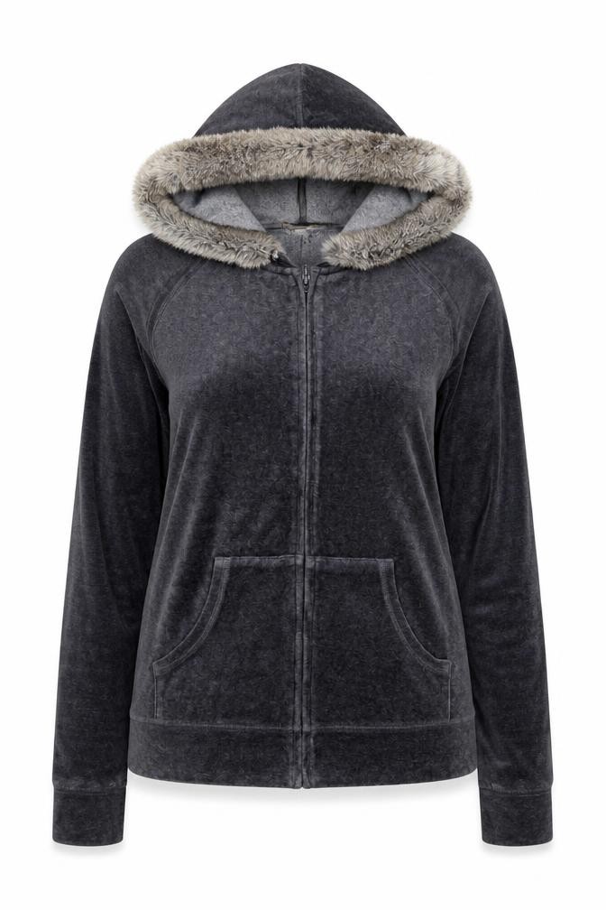 HushHush Womens Full Zip Hoodie Size 10 Grey Long Sleeve Casual Fur Trim - front view