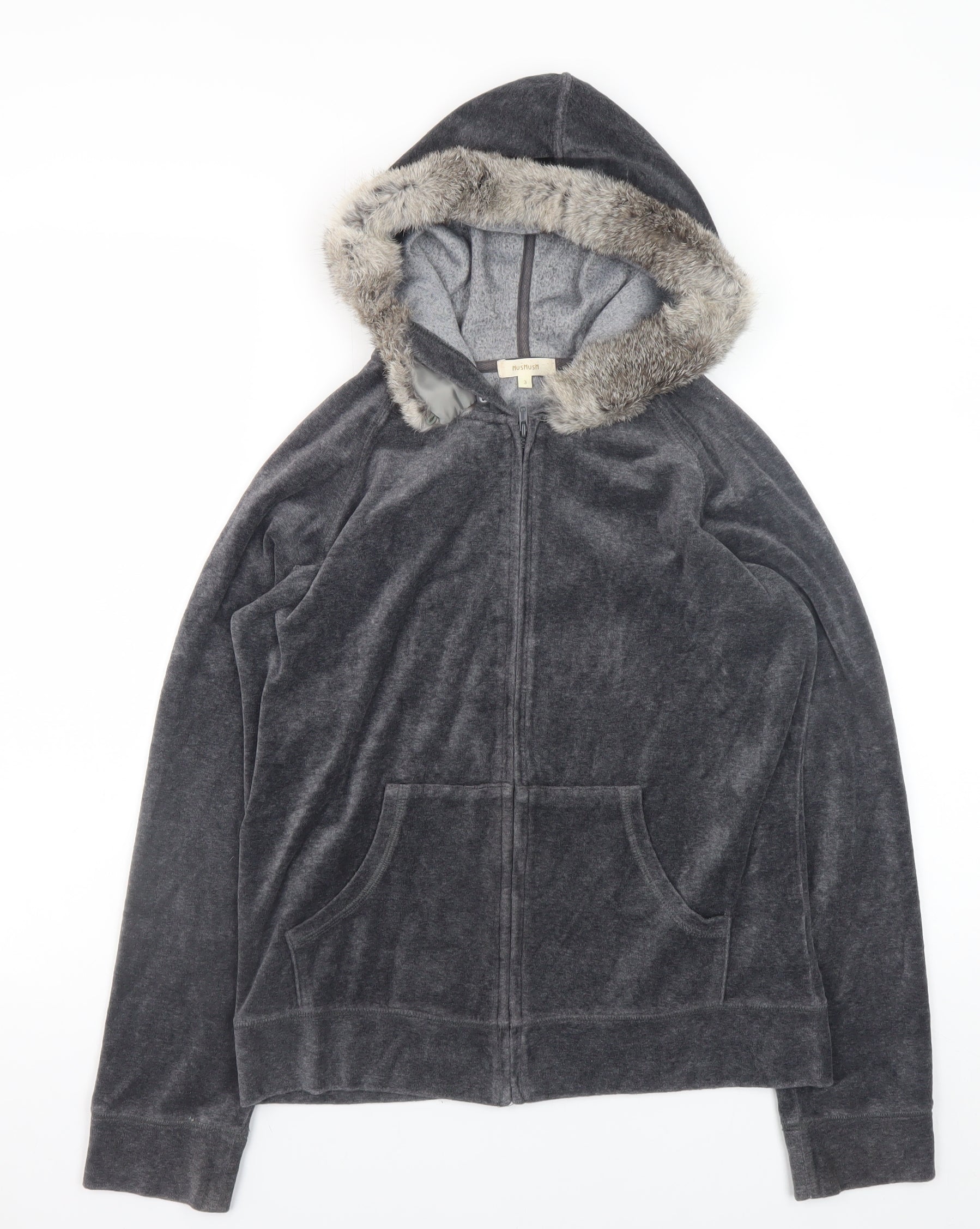 HushHush Womens Full Zip Hoodie Size 10 Grey Long Sleeve Casual Fur Trim - reverse view