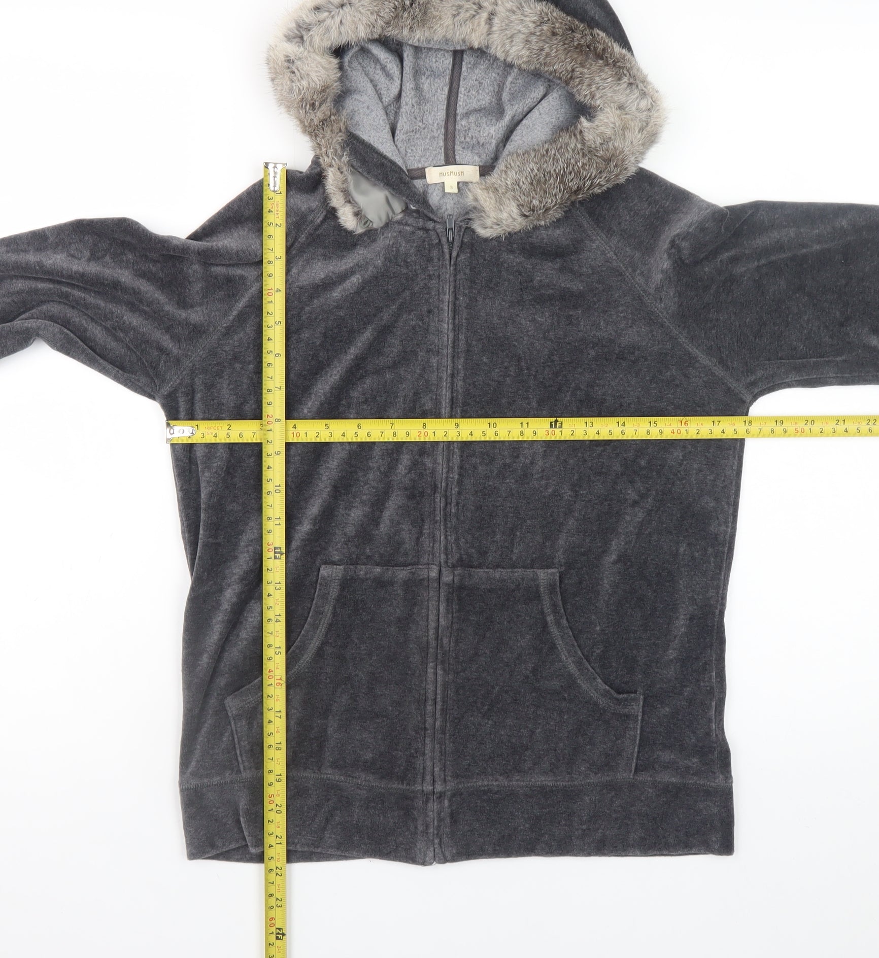 HushHush Womens Full Zip Hoodie Size 10 Grey Long Sleeve Casual Fur Trim - label detail