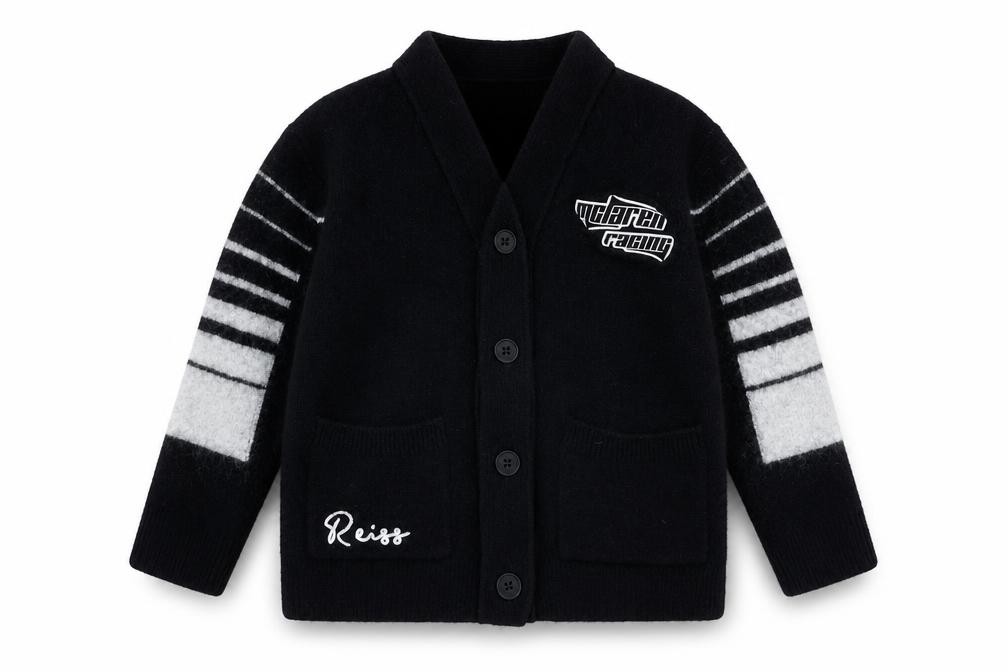 Reiss Boys Cardigan Jumper Size 5-6 Years Black V-Neck Graphic Print Long Sleeve - front view