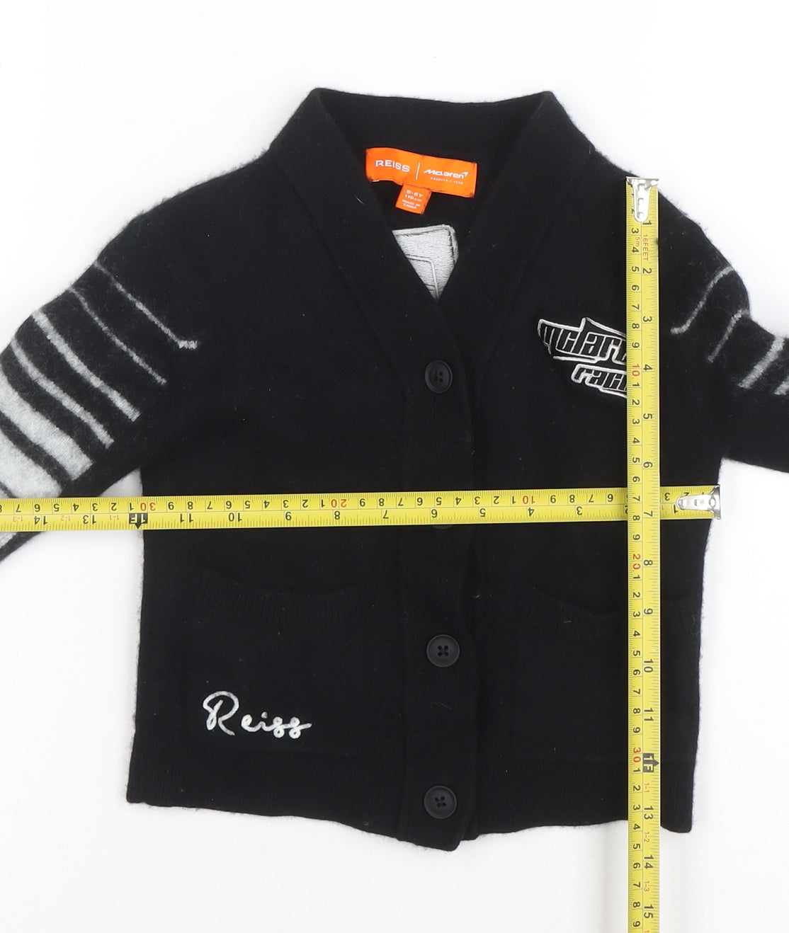 Reiss Boys Cardigan Jumper Size 5-6 Years Black V-Neck Graphic Print Long Sleeve - label detail