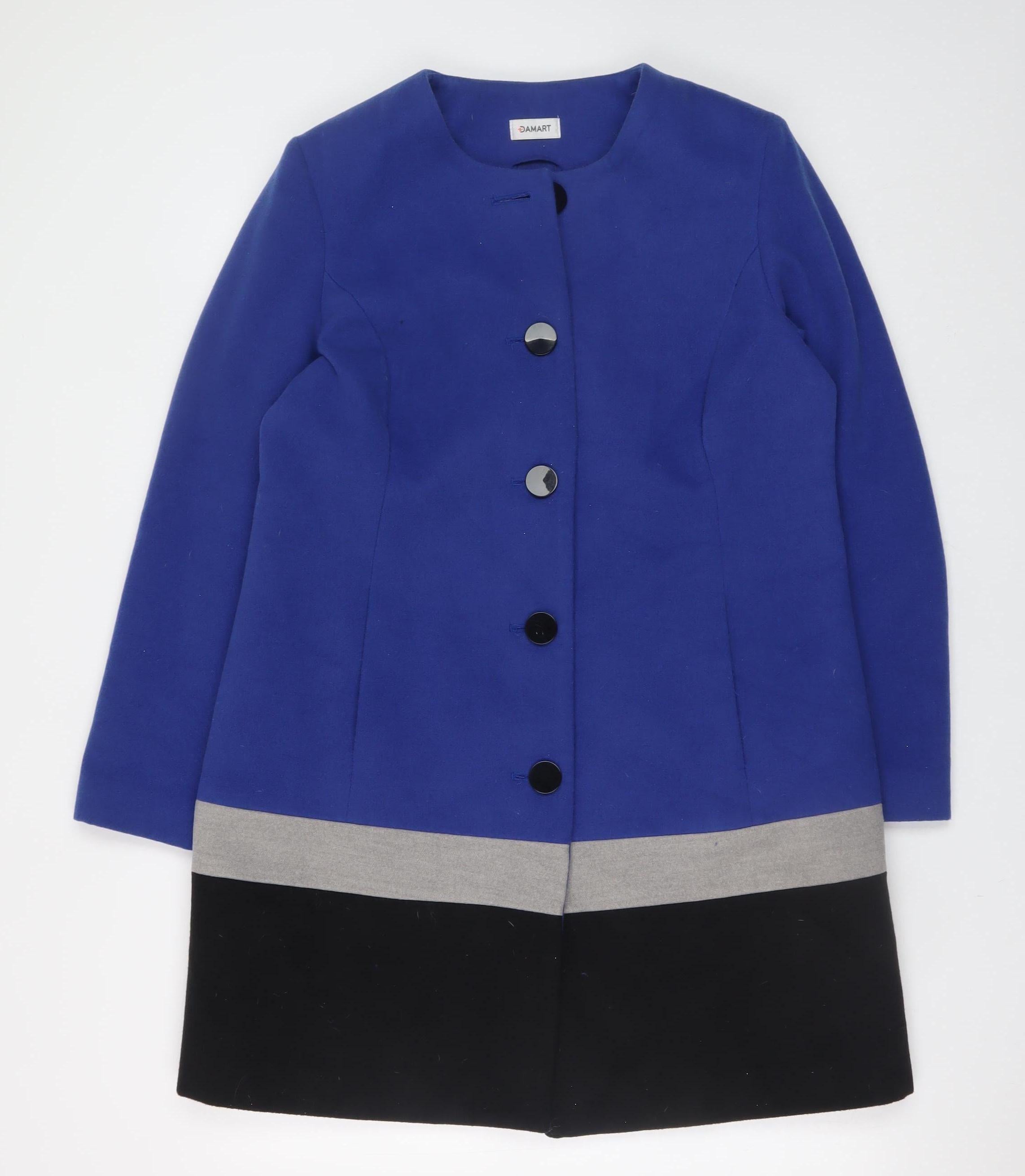 Damart Womens Overcoat Size 14 Blue Mid-Length Long Sleeve Casual Lined Button - reverse view