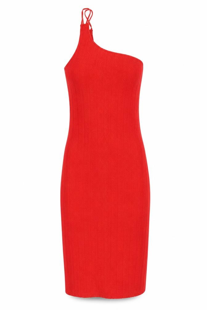 Zara Womens Bodycon Dress Size 8 Red Midi One Shoulder Sleeveless Party/Cocktail - front view