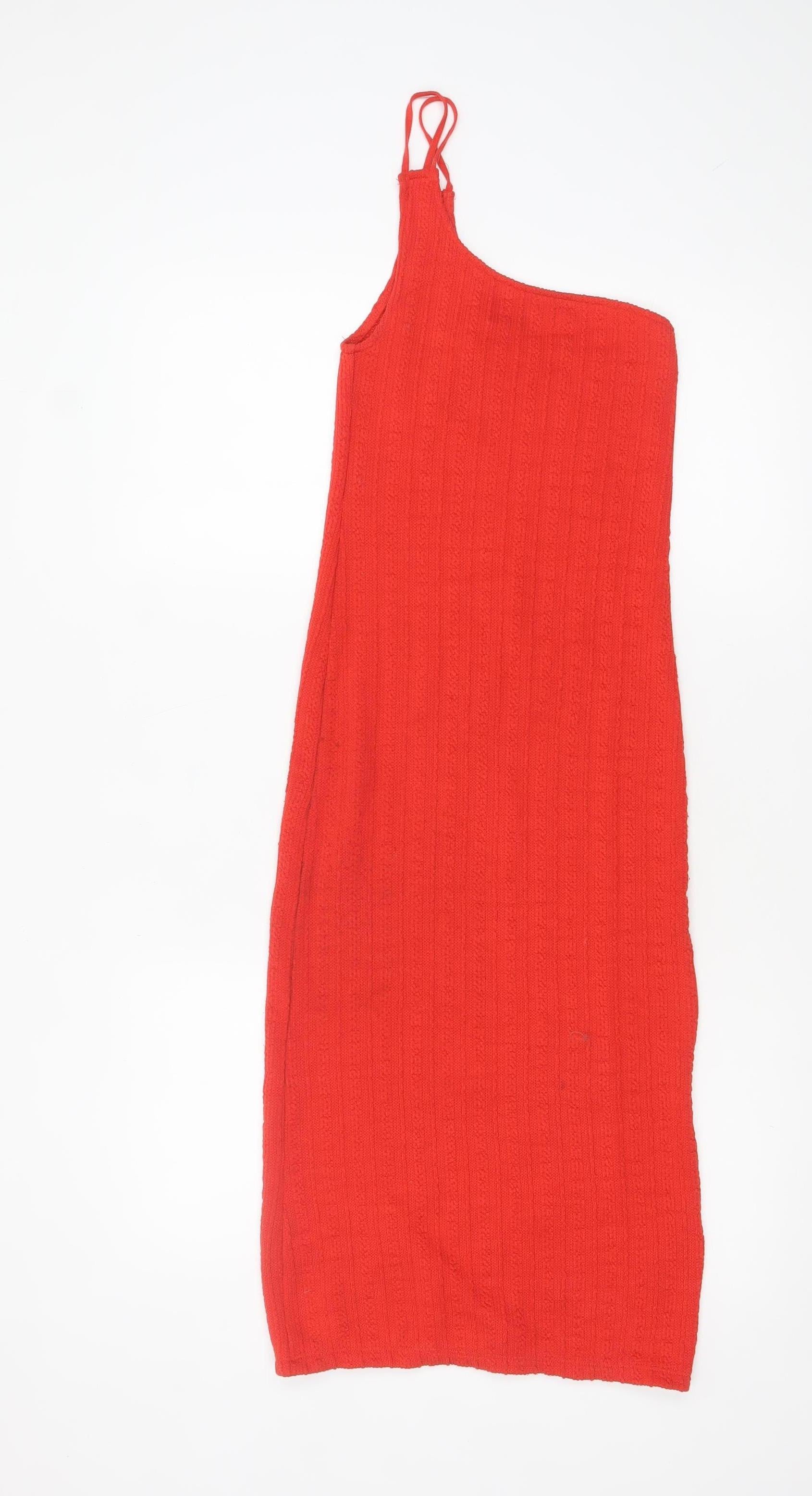 Zara Womens Bodycon Dress Size 8 Red Midi One Shoulder Sleeveless Party/Cocktail - reverse view
