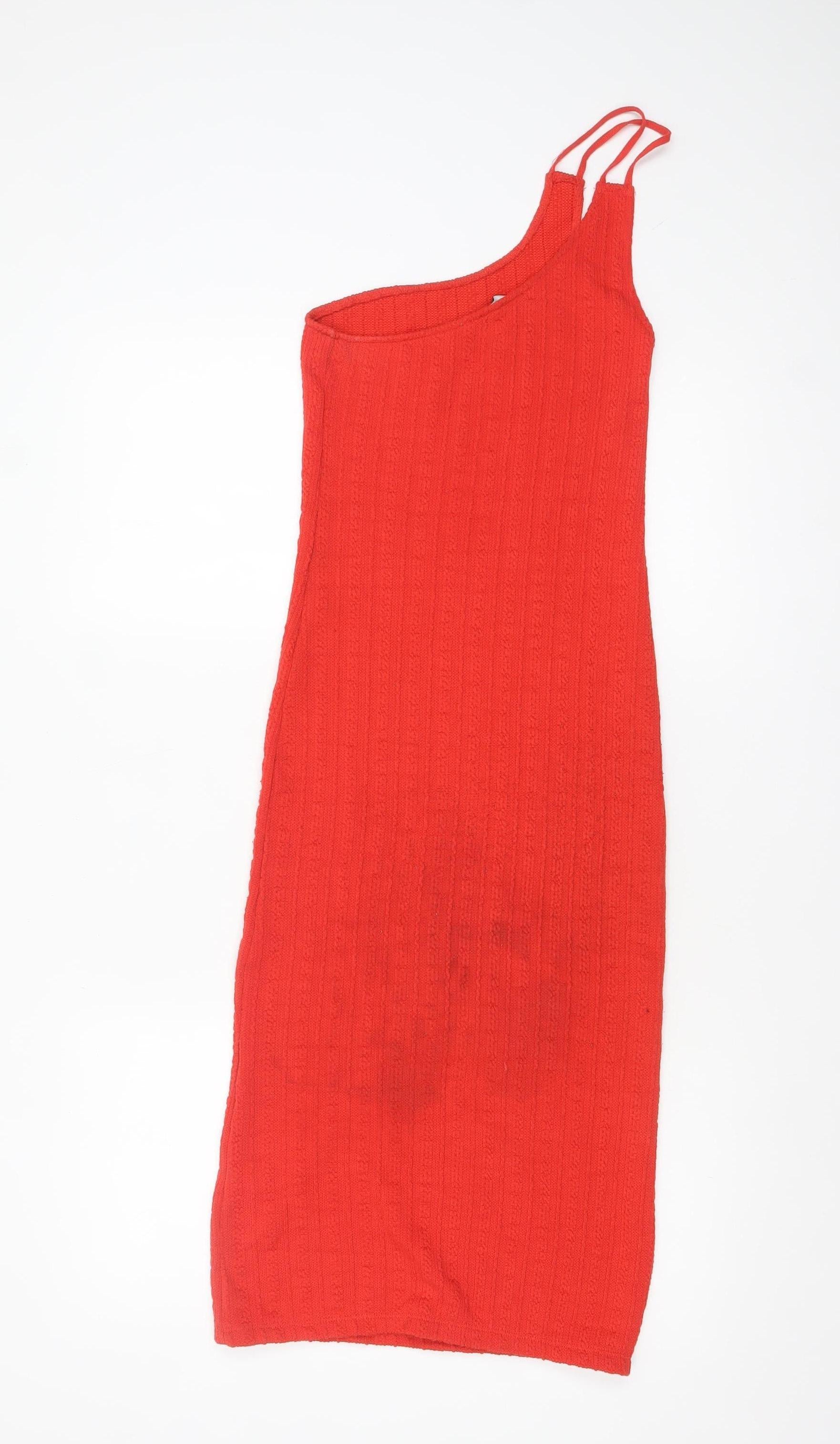 Zara Womens Bodycon Dress Size 8 Red Midi One Shoulder Sleeveless Party/Cocktail - close detail