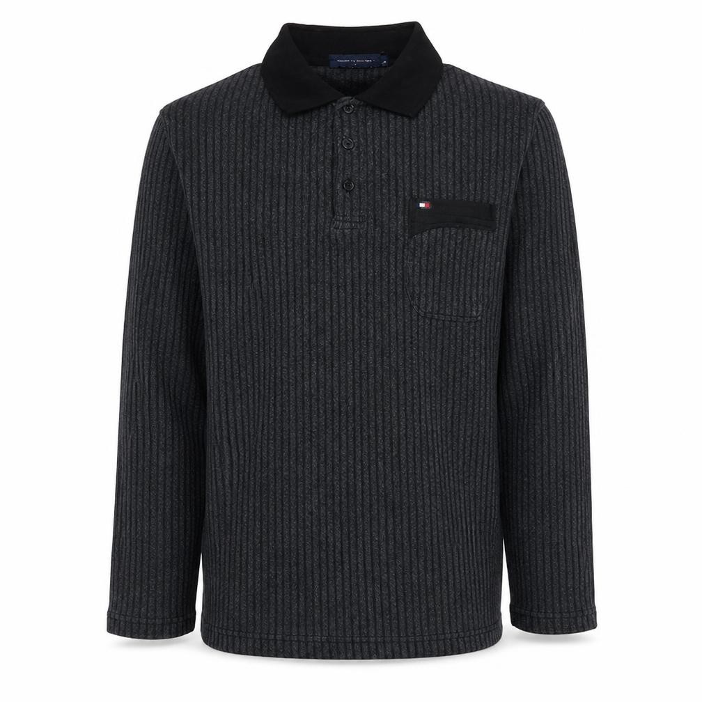 Tommy Hilfiger Mens Polo Size L Black Striped Collared Long Sleeve Casual Button - front view