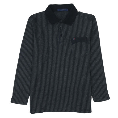 Tommy Hilfiger Mens Polo Size L Black Striped Collared Long Sleeve Casual Button - reverse view