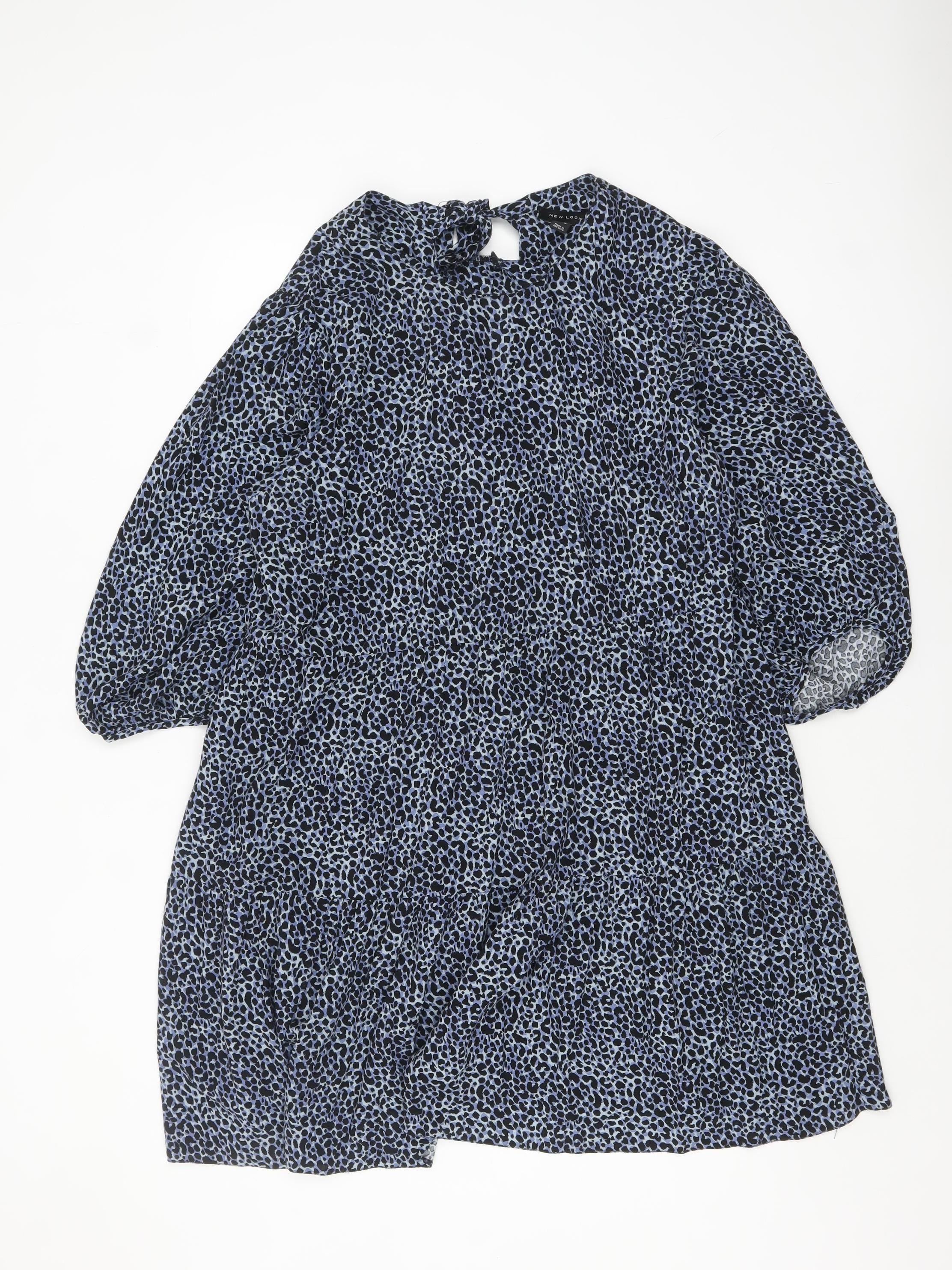 New Look Womens Shift Dress Size 16 Blue Animal Print Knee Length Round Neck - reverse view