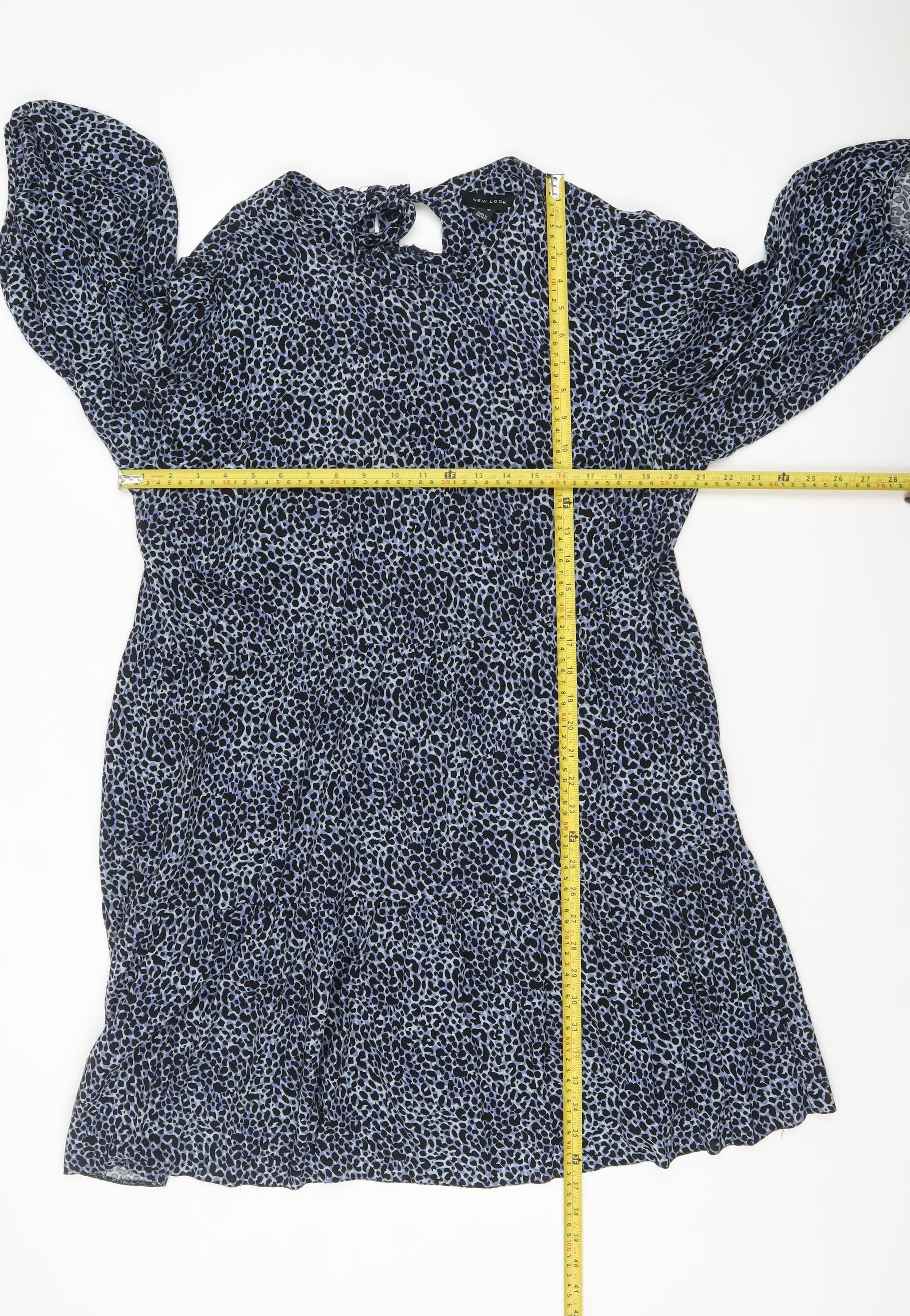 New Look Womens Shift Dress Size 16 Blue Animal Print Knee Length Round Neck - label detail