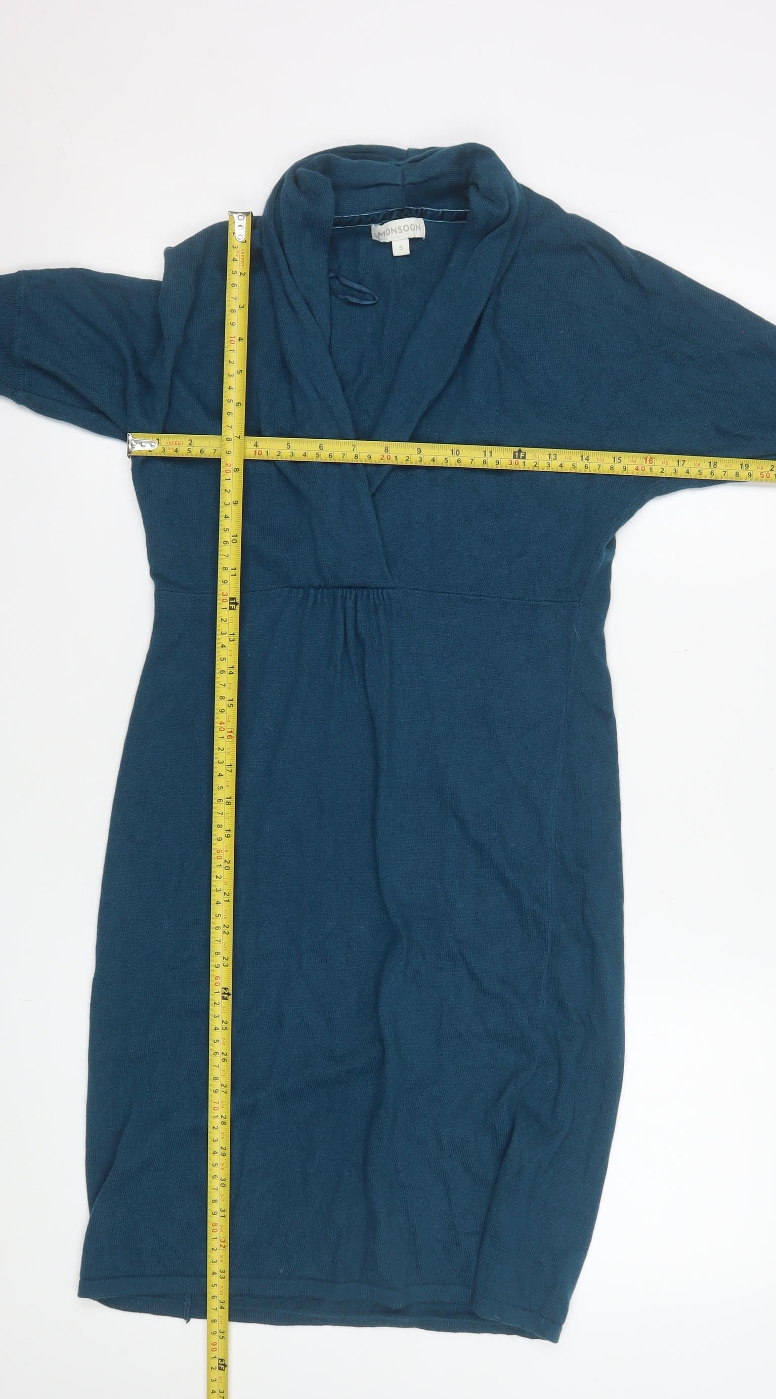 Monsoon Womens Sweater Dress Size S Blue Knee Length Cowl Neck Long Sleeve - label detail