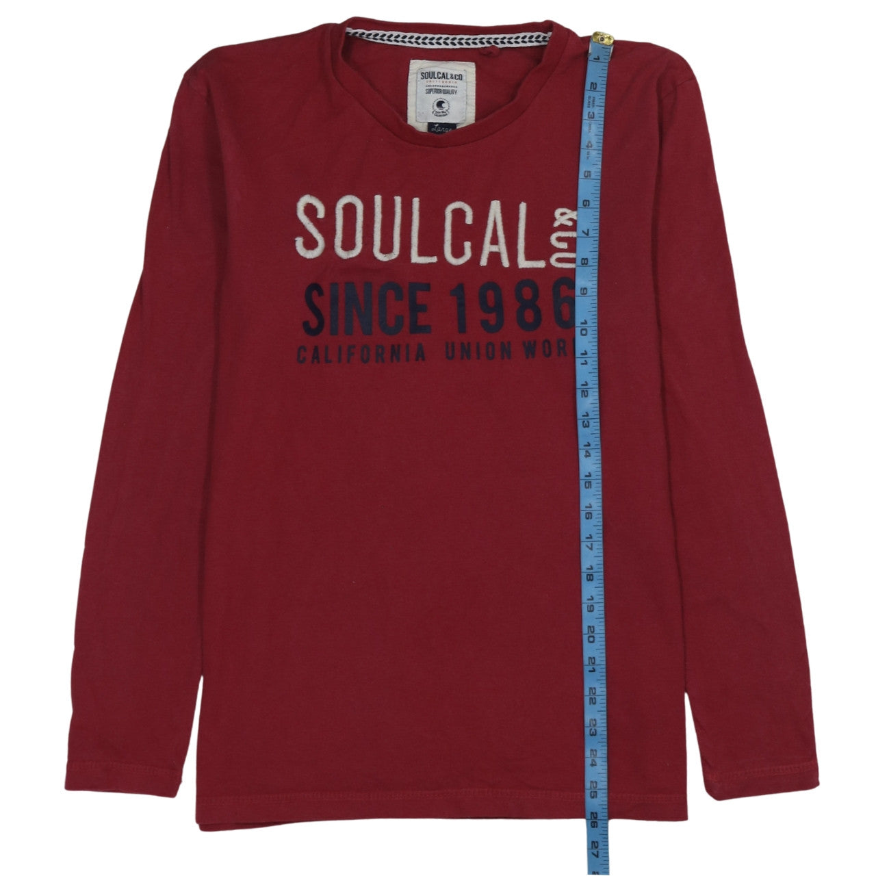 SoulCal & Co Mens Button-Up Size L Red Graphic Print Crew Neck Long Sleeve - close detail