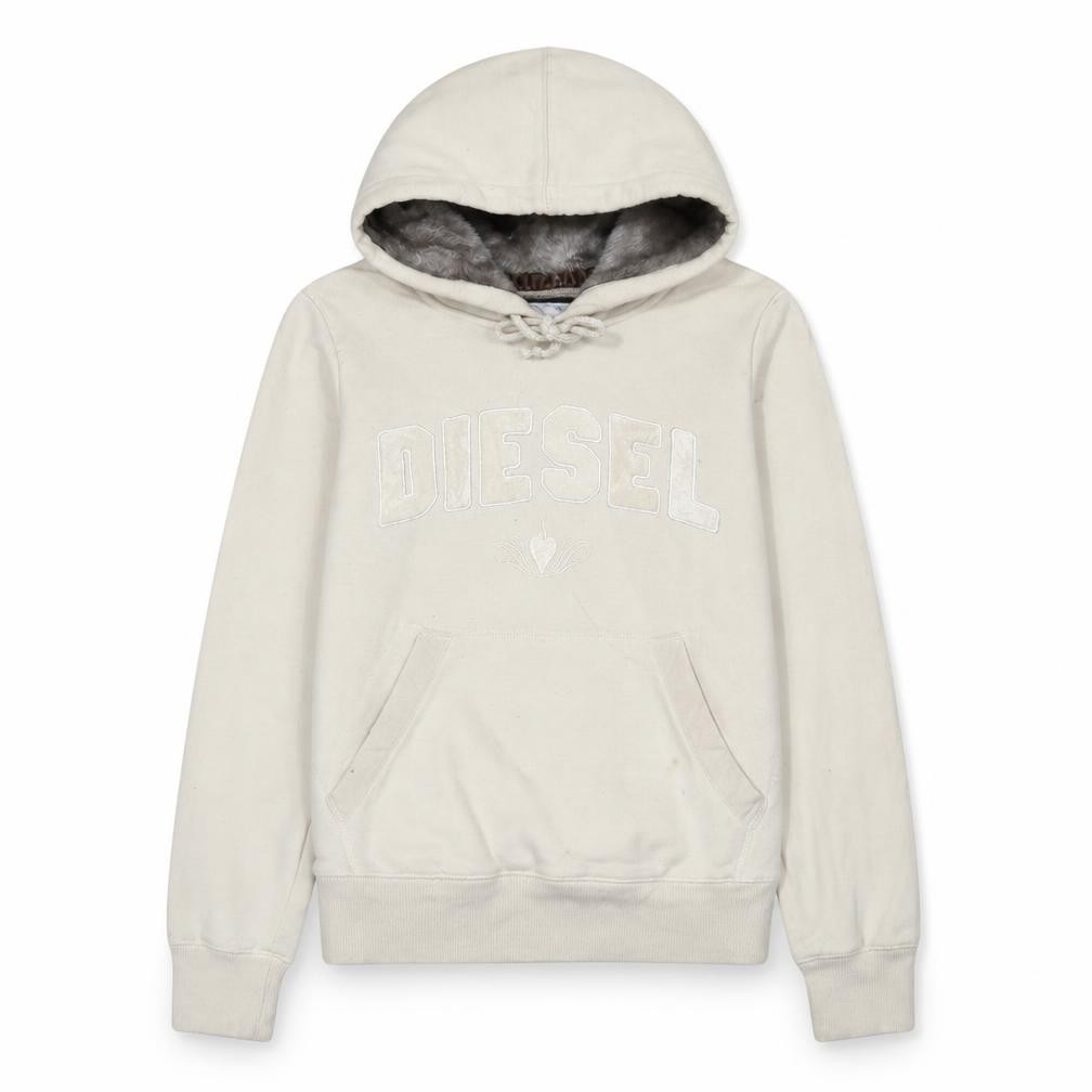 Diesel Womens Pullover Hoodie Size M Beige Long Sleeve Casual Hooded Embroidered - front view