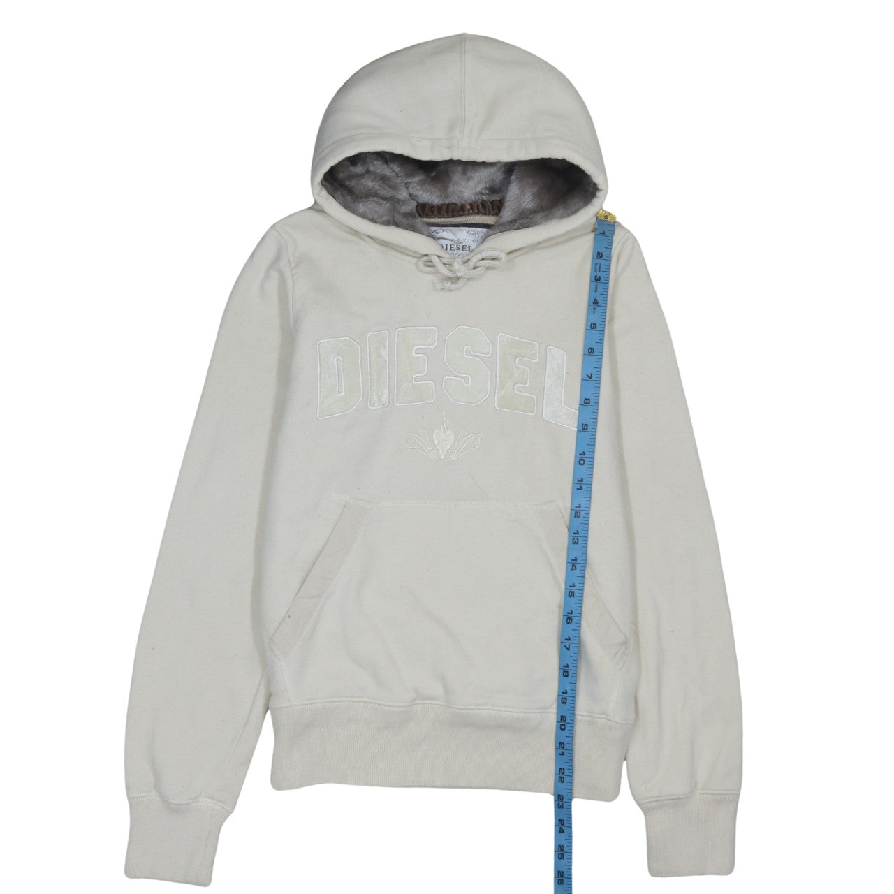 Diesel Womens Pullover Hoodie Size M Beige Long Sleeve Casual Hooded Embroidered - close detail