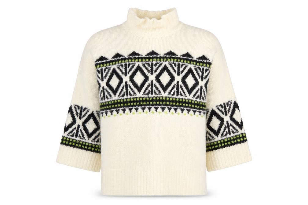 NEXT Womens Pullover Jumper Size L Ivory Roll Neck Geometric 3/4 Sleeve Casual - front view