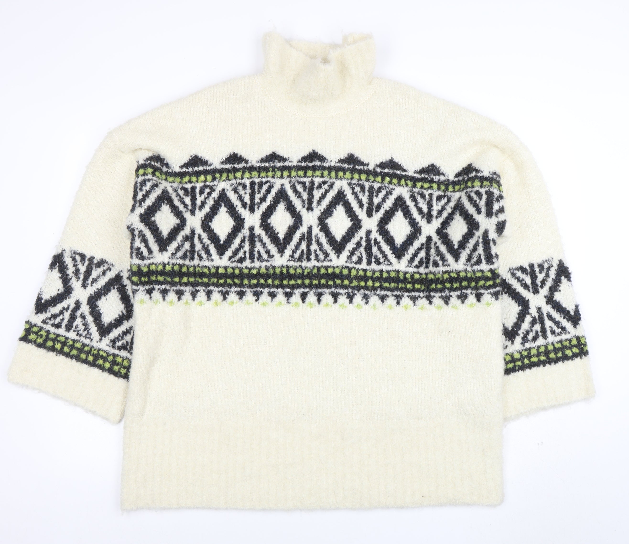 NEXT Womens Pullover Jumper Size L Ivory Roll Neck Geometric 3/4 Sleeve Casual - reverse view