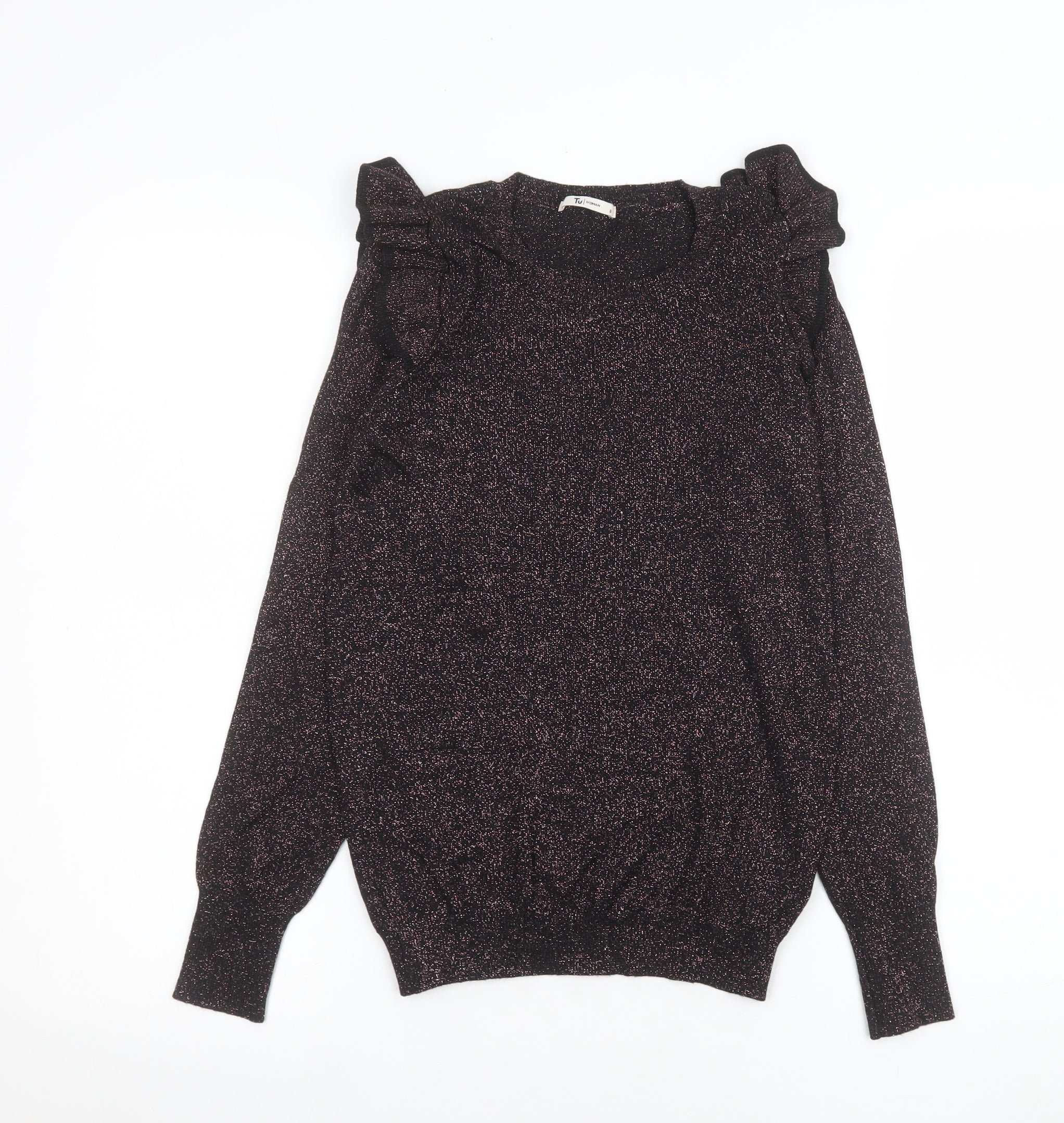 Womens TU Size 8 Basic Blouse Black Solid Crew Neck Long Sleeve Party/Cocktail - reverse view