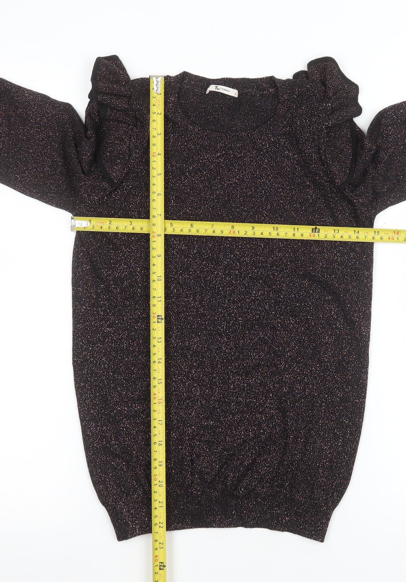 Womens TU Size 8 Basic Blouse Black Solid Crew Neck Long Sleeve Party/Cocktail - label detail