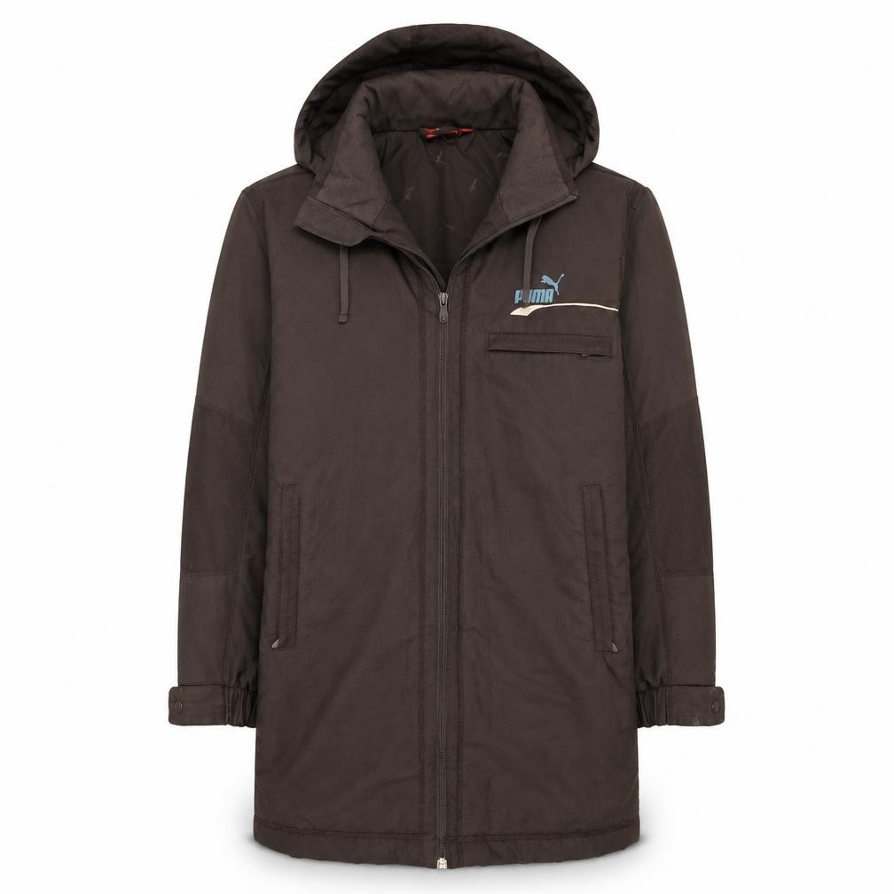 Mens PUMA Size S Parka Jacket Brown Long Casual Hooded Logo - front view