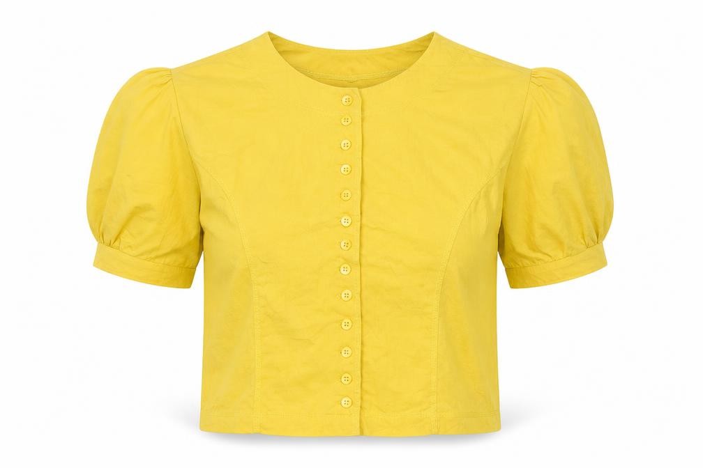 Womens Blind Date Size M Cropped Blouse Yellow Solid Crew Neck Short Sleeve - front view