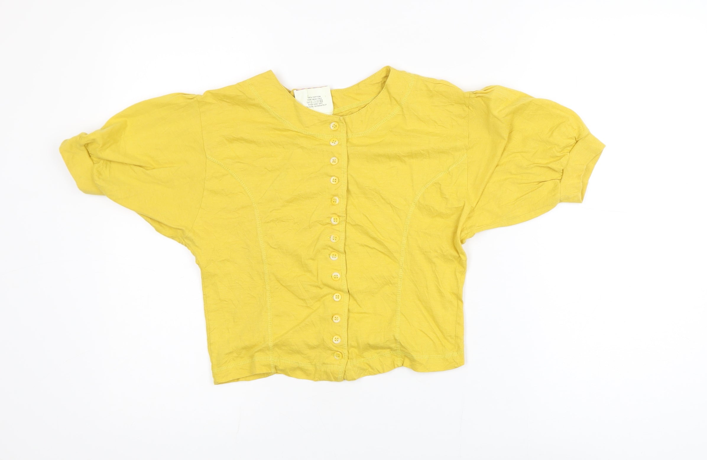 Womens Blind Date Size M Cropped Blouse Yellow Solid Crew Neck Short Sleeve - reverse view