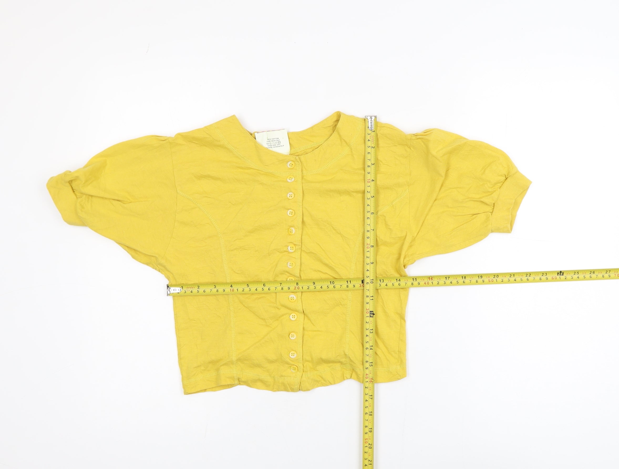 Womens Blind Date Size M Cropped Blouse Yellow Solid Crew Neck Short Sleeve - label detail