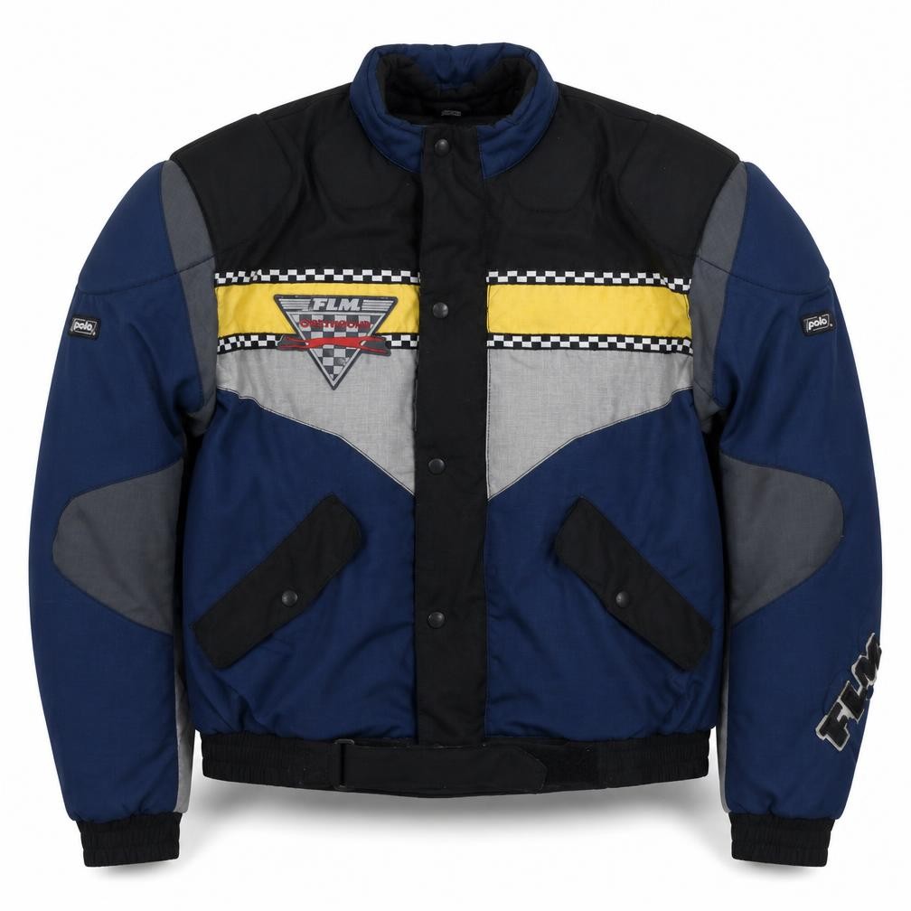 FLM Mens Motorcycle Jacket Size 2XL Blue Geometric Short Casual Belted Logo - front view