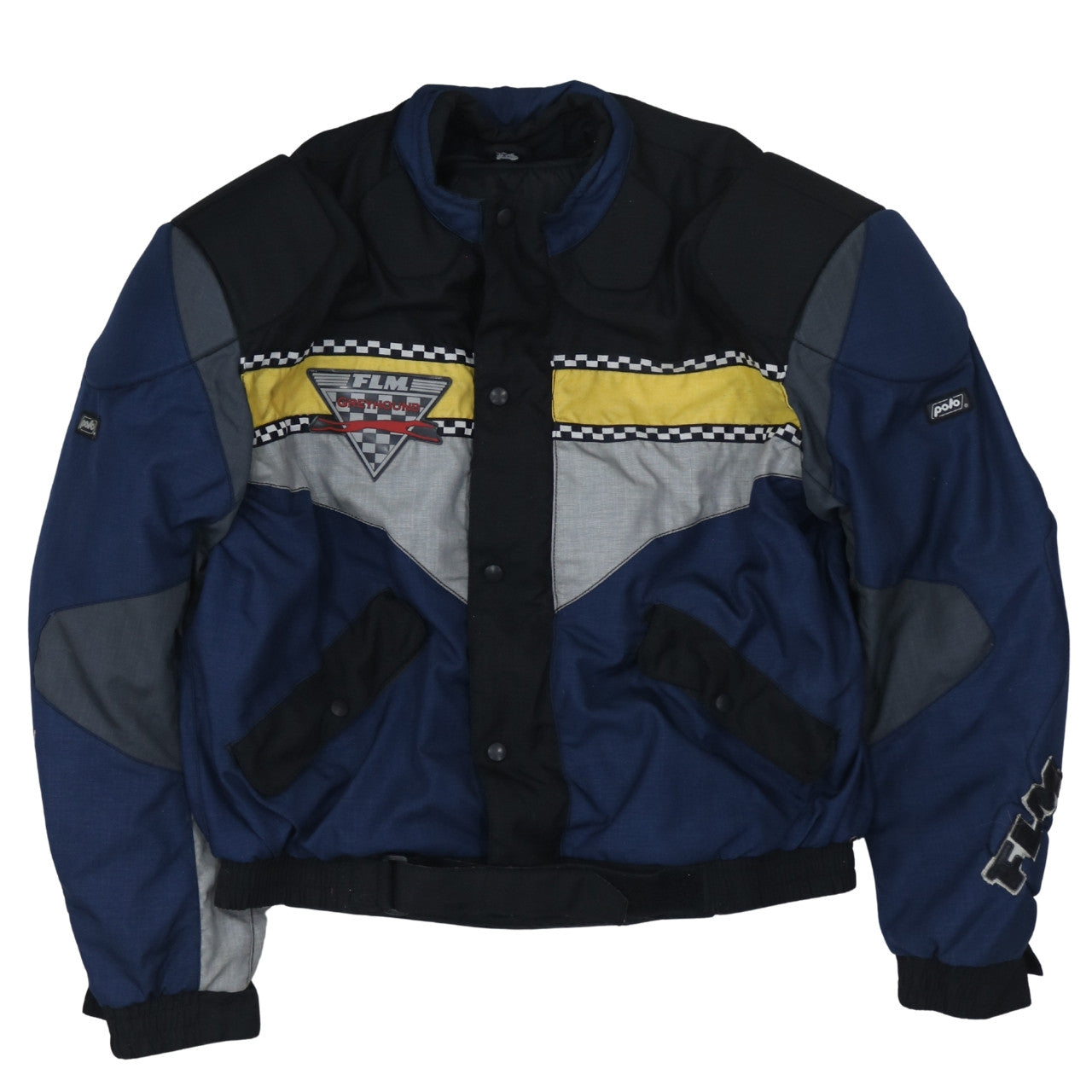 FLM Mens Motorcycle Jacket Size 2XL Blue Geometric Short Casual Belted Logo - reverse view