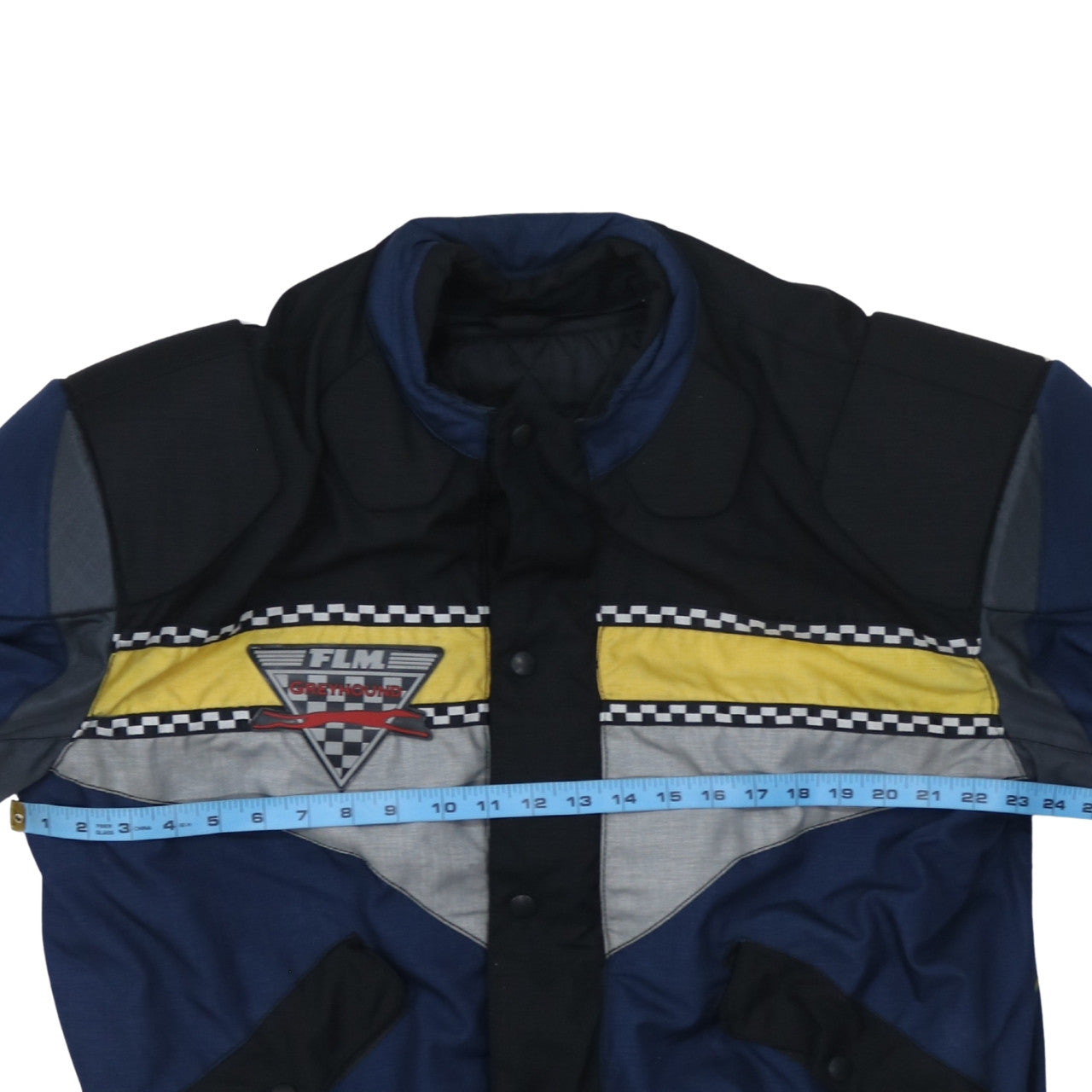 FLM Mens Motorcycle Jacket Size 2XL Blue Geometric Short Casual Belted Logo - label detail