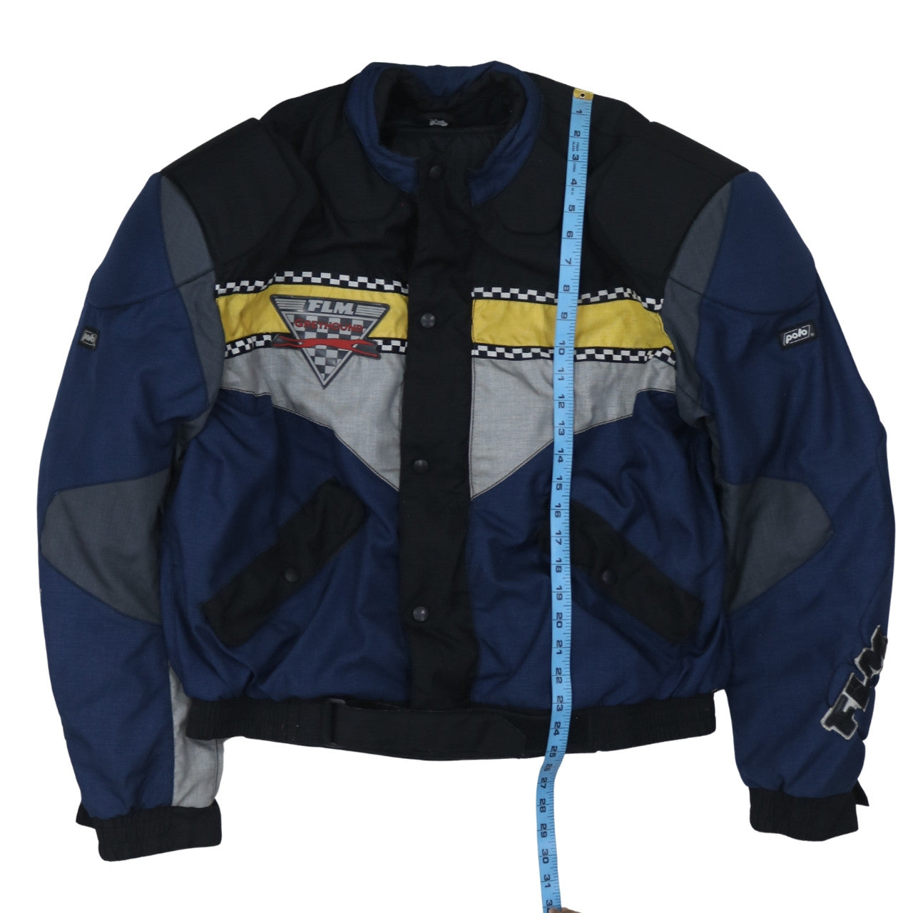 FLM Mens Motorcycle Jacket Size 2XL Blue Geometric Short Casual Belted Logo - close detail
