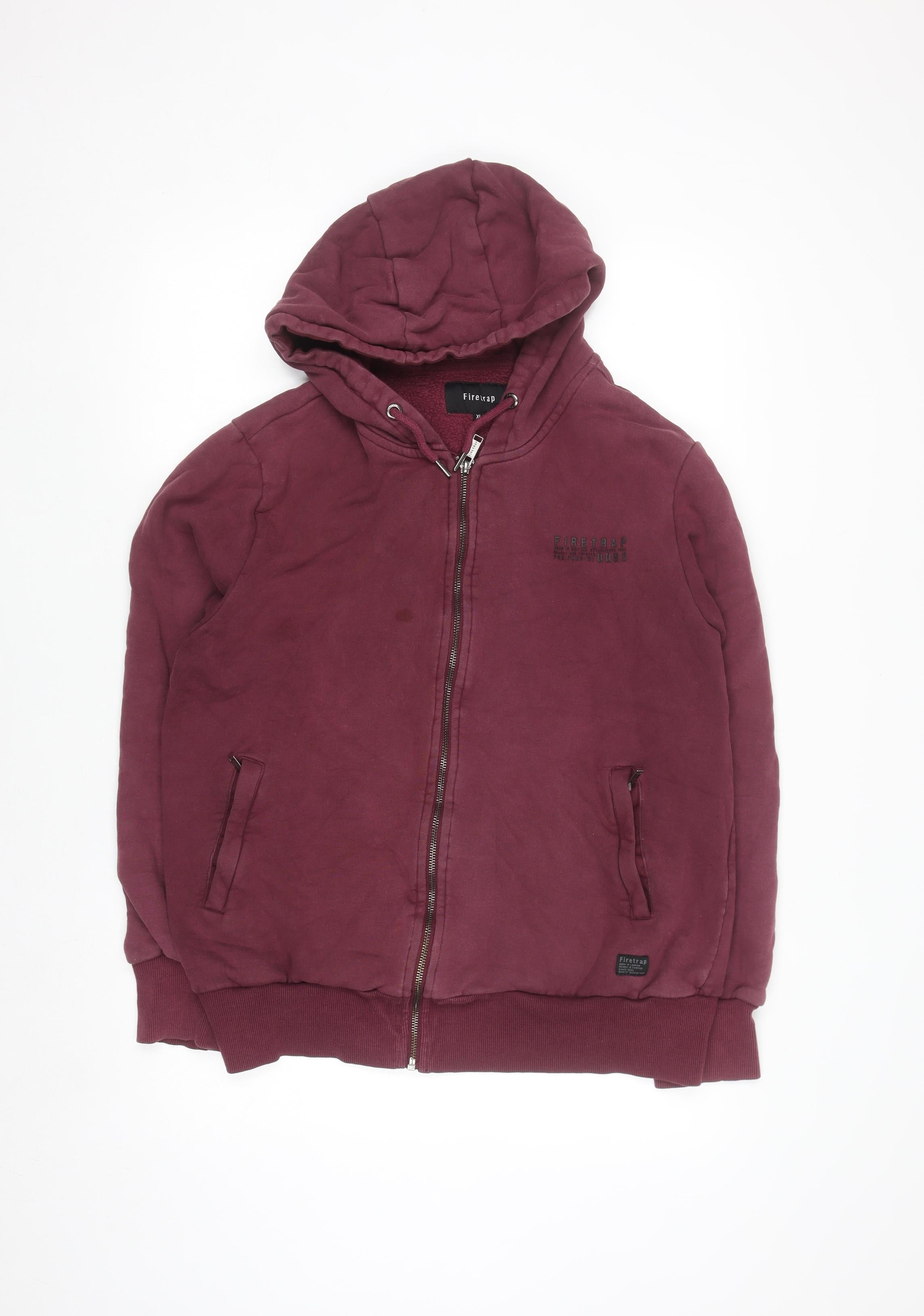 Mens Firetrap Size XL Full Zip Hoodie Red Long Sleeve Logo - close detail