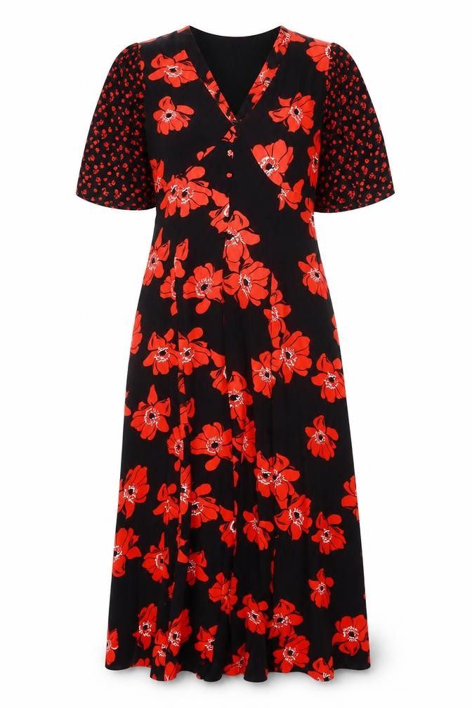 Womens Gallery Size 8 Fit & Flare Dress Black Floral Midi V-Neck Short Sleeve - front view