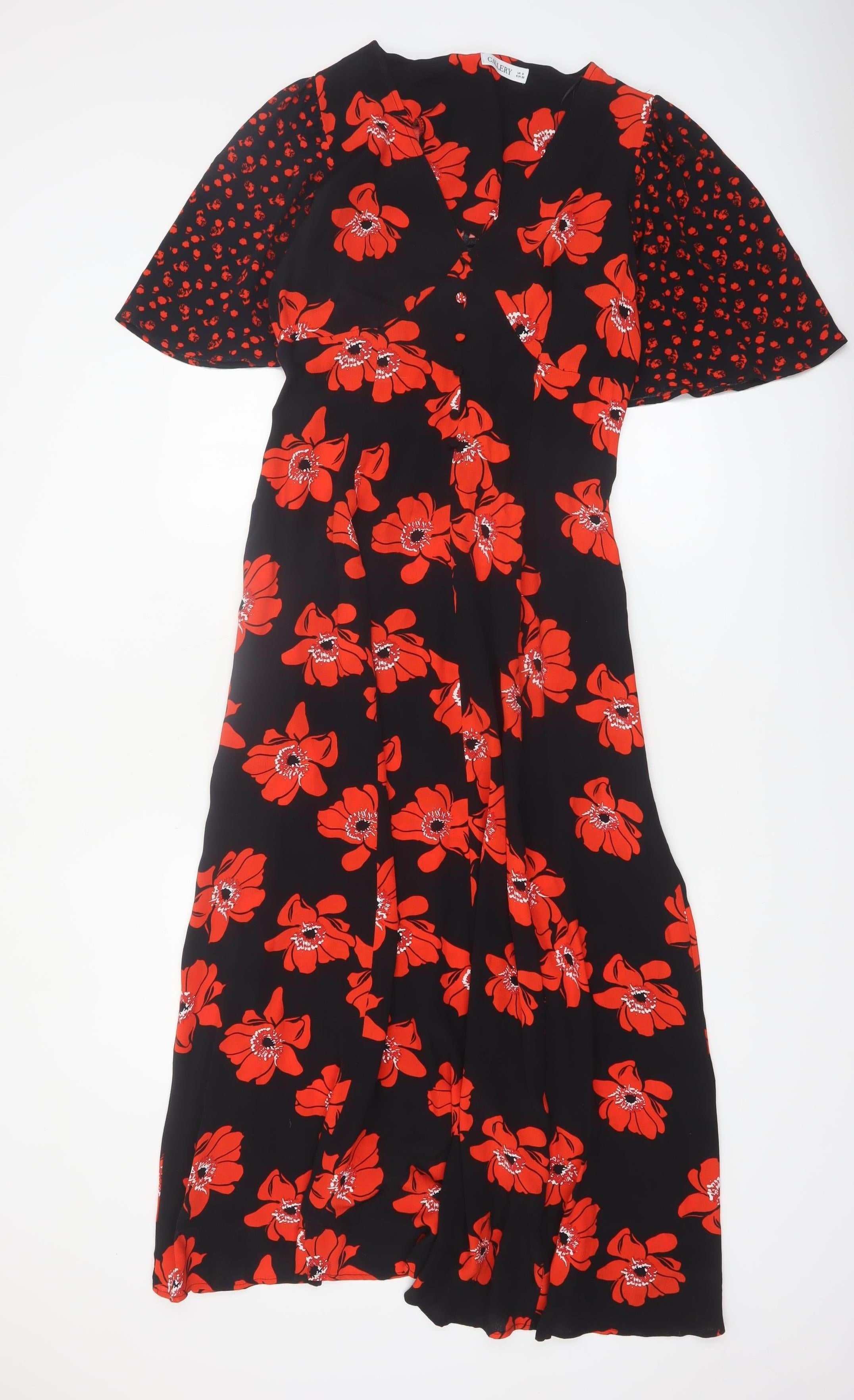Womens Gallery Size 8 Fit & Flare Dress Black Floral Midi V-Neck Short Sleeve - reverse view