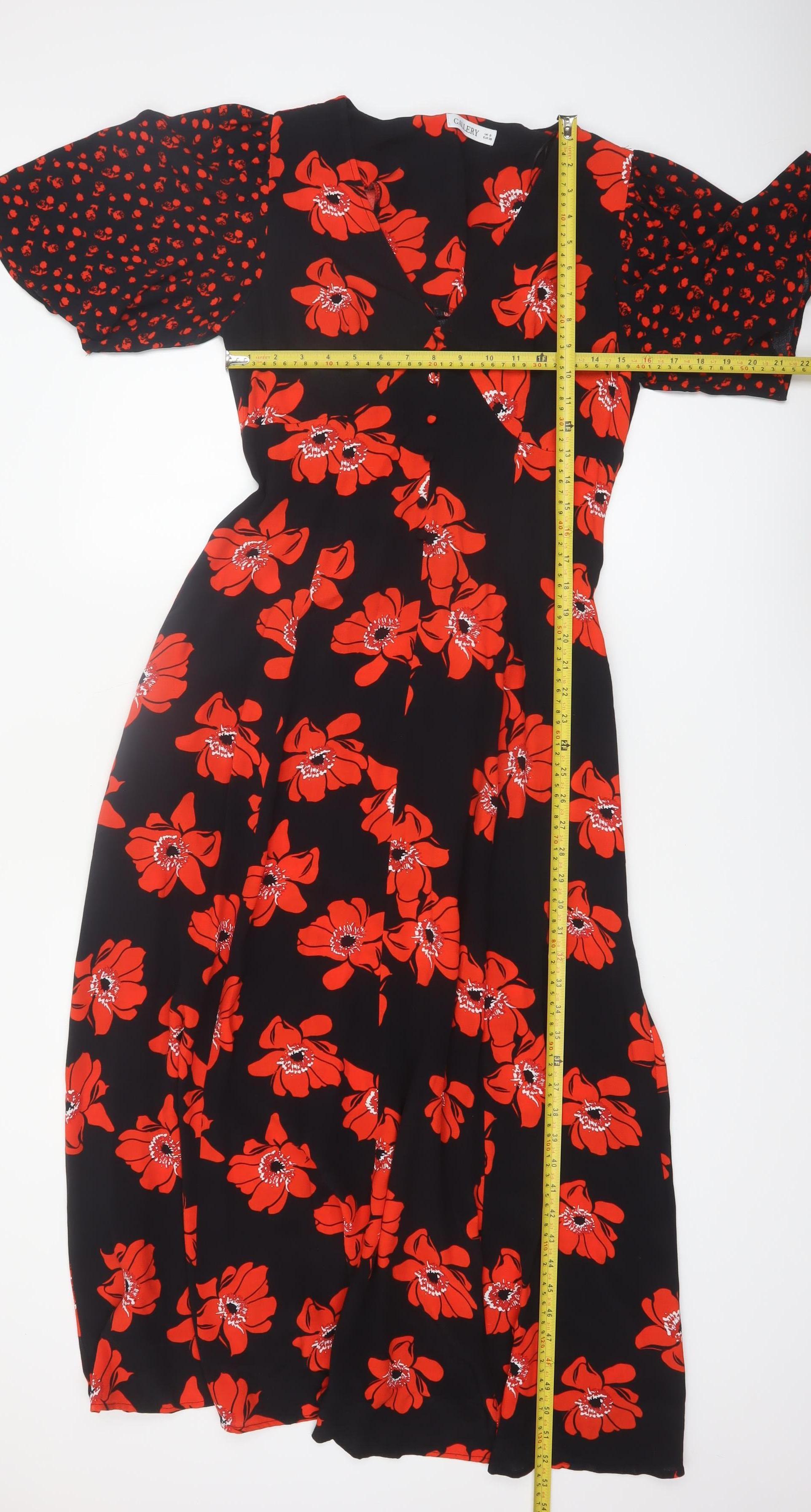 Womens Gallery Size 8 Fit & Flare Dress Black Floral Midi V-Neck Short Sleeve - label detail