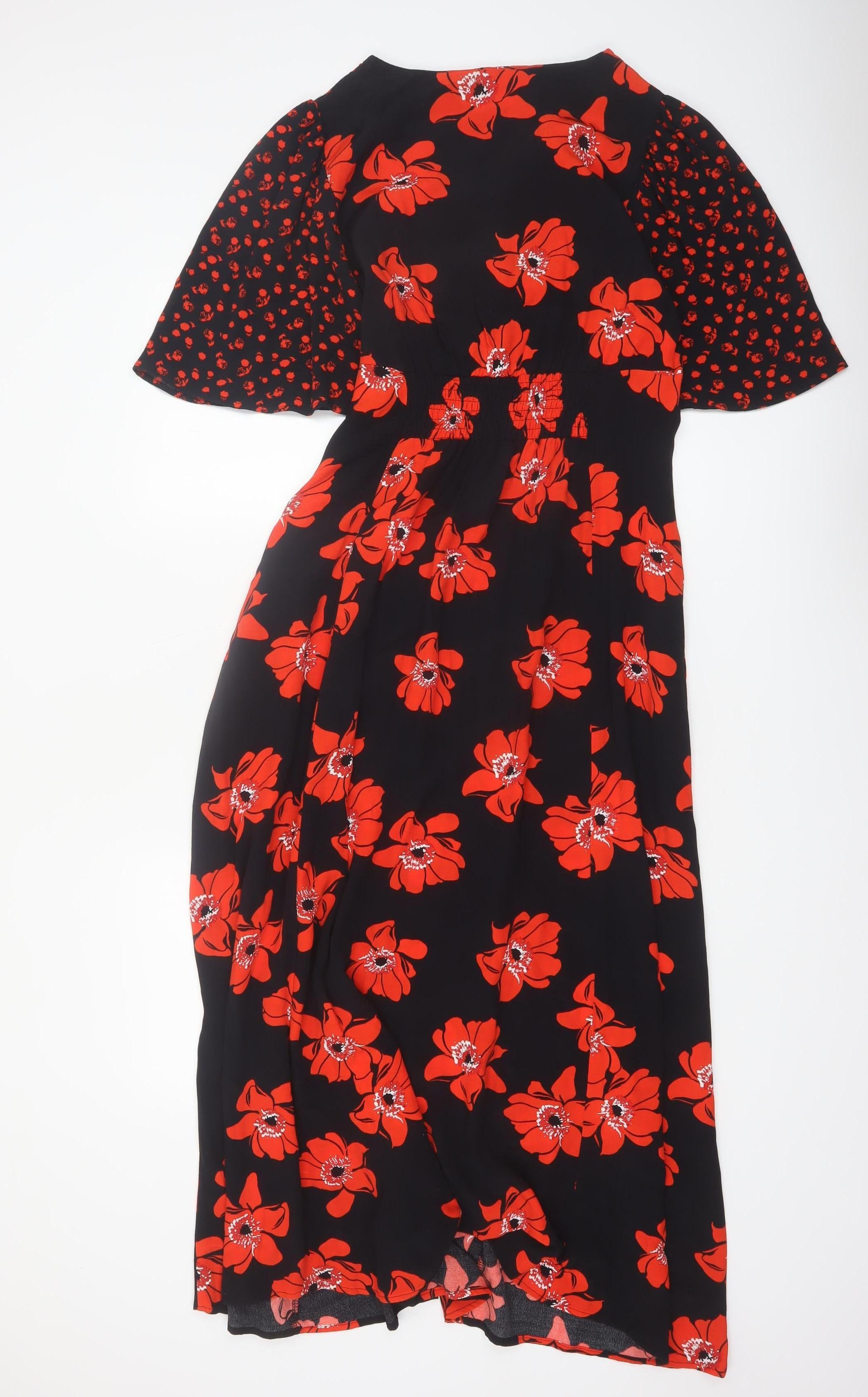 Womens Gallery Size 8 Fit & Flare Dress Black Floral Midi V-Neck Short Sleeve - close detail