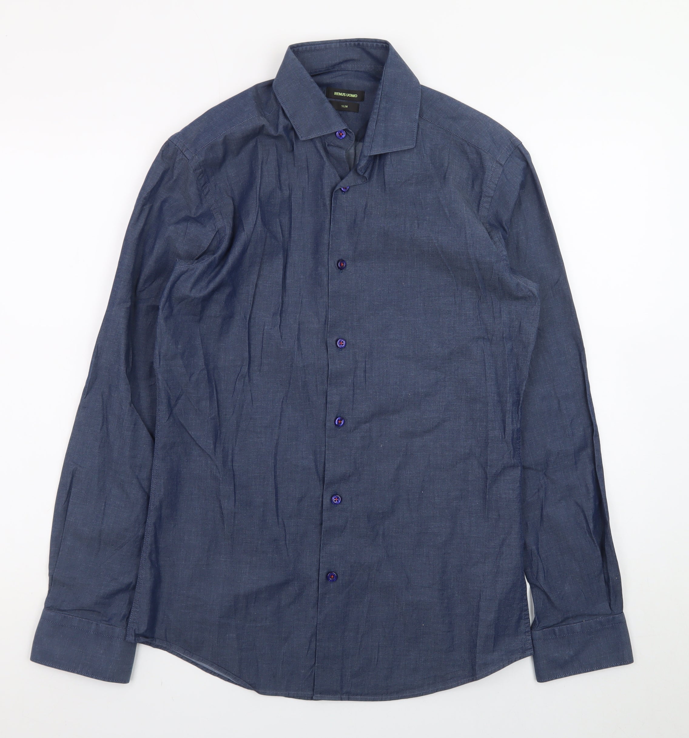 Mens Remus Uomo Size M Button-Up Blue Solid Collared Long Sleeve Business Button - reverse view