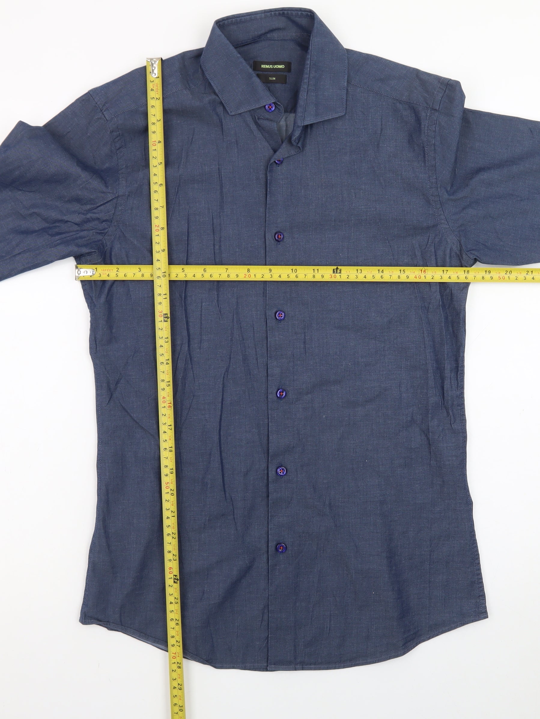 Mens Remus Uomo Size M Button-Up Blue Solid Collared Long Sleeve Business Button - label detail