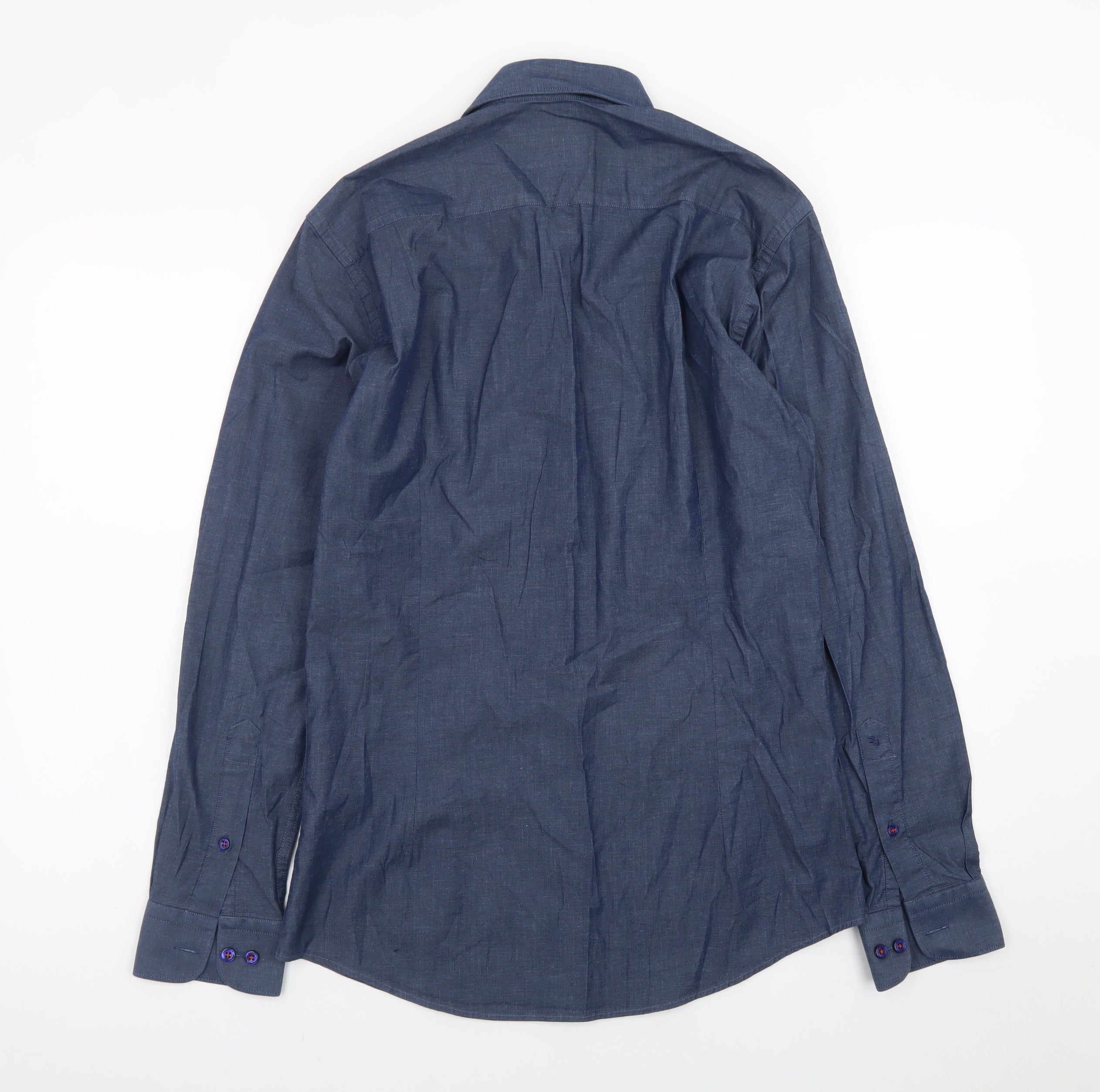 Mens Remus Uomo Size M Button-Up Blue Solid Collared Long Sleeve Business Button - close detail