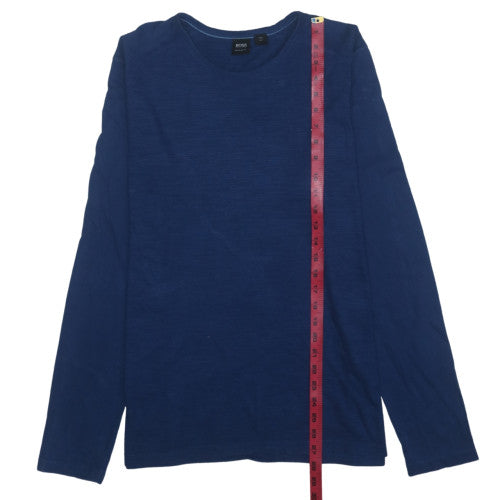 HUGO BOSS Mens T-Shirt Size M Blue Solid Crew Neck Long Sleeve All Seasons - close detail