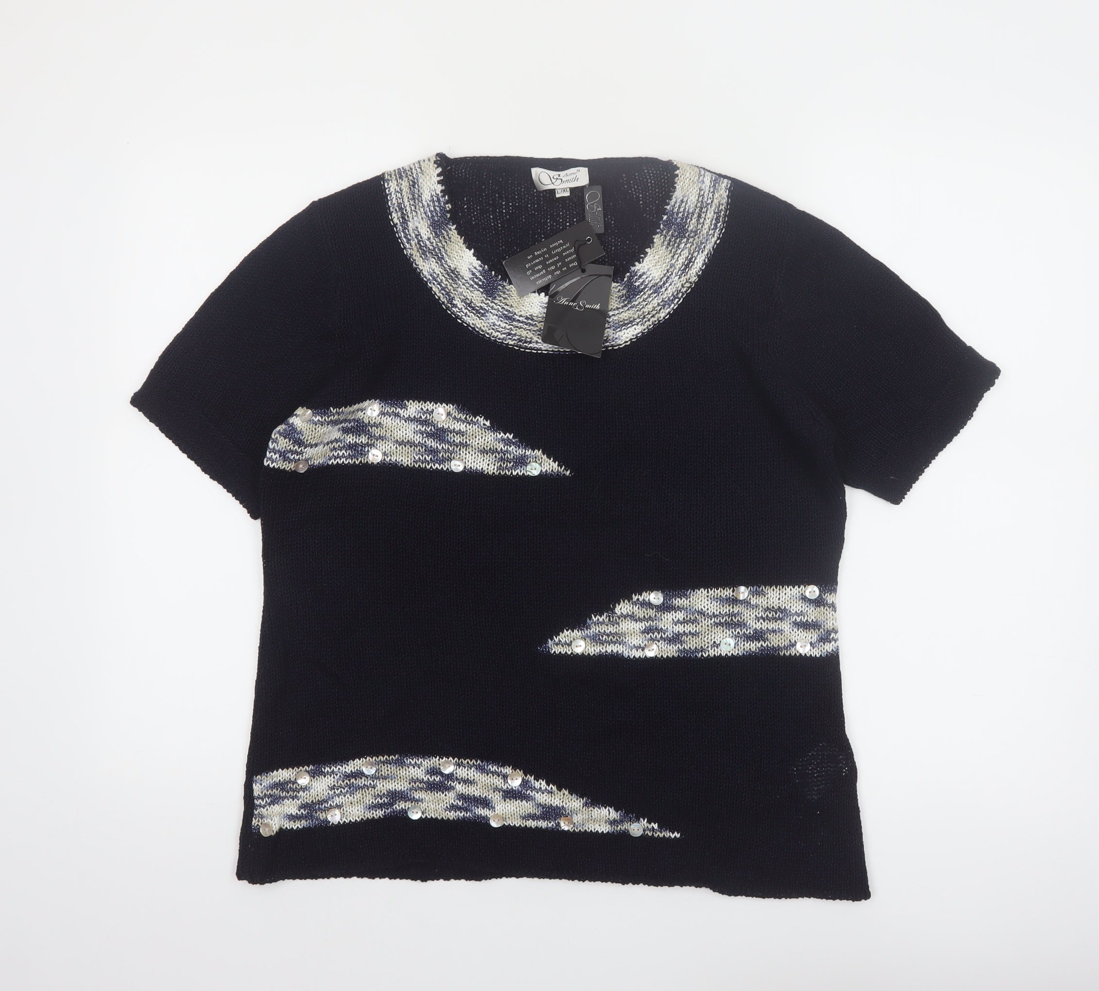 Womens Anne Smith Size L/XL Pullover Jumper Black Round Neck Geometric Casual - reverse view