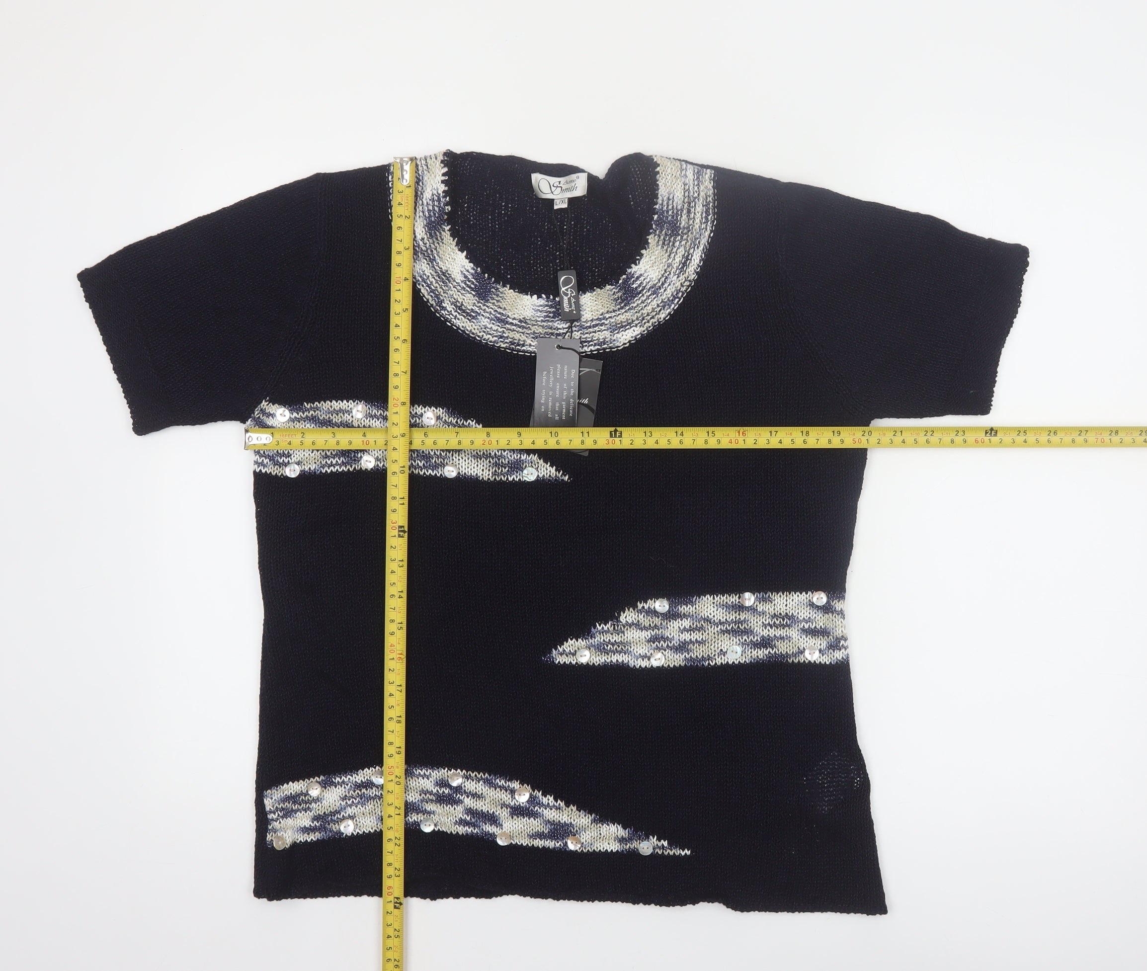 Womens Anne Smith Size L/XL Pullover Jumper Black Round Neck Geometric Casual - label detail