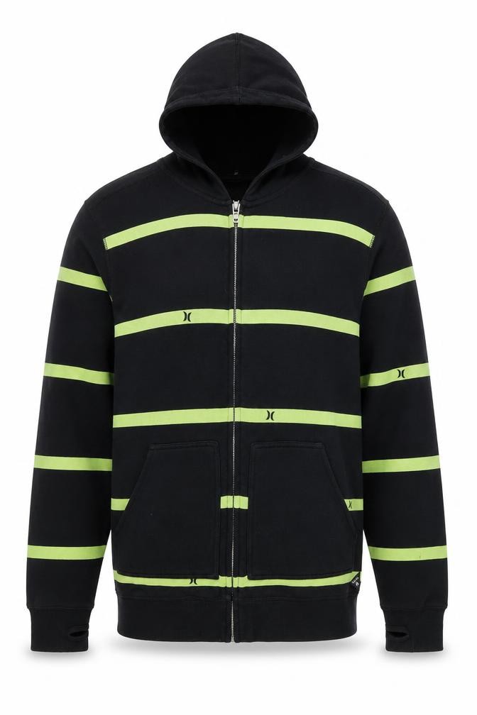 Hurley Mens Full Zip Hoodie Size M Black Striped Long Sleeve Logo - front view