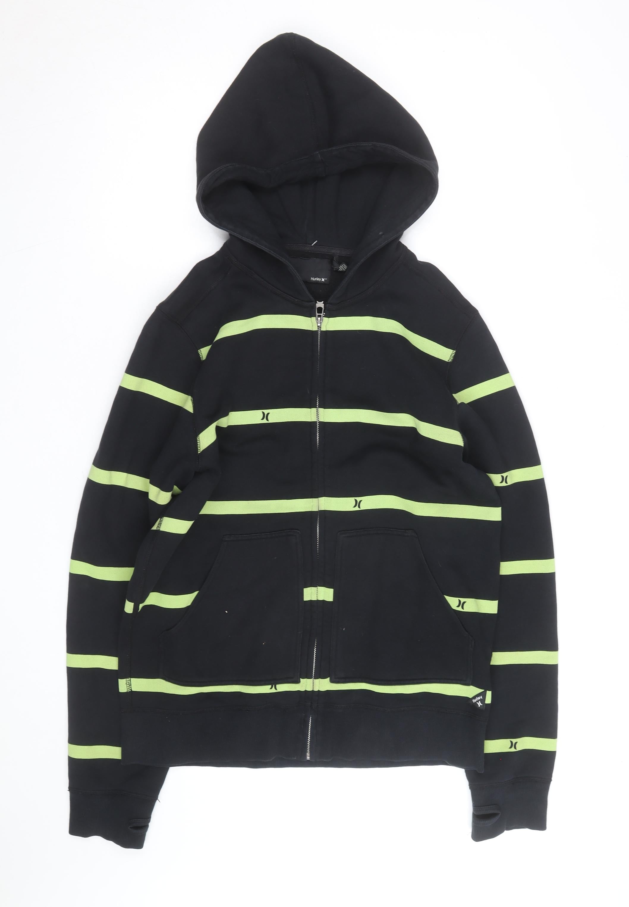 Hurley Mens Full Zip Hoodie Size M Black Striped Long Sleeve Logo - reverse view