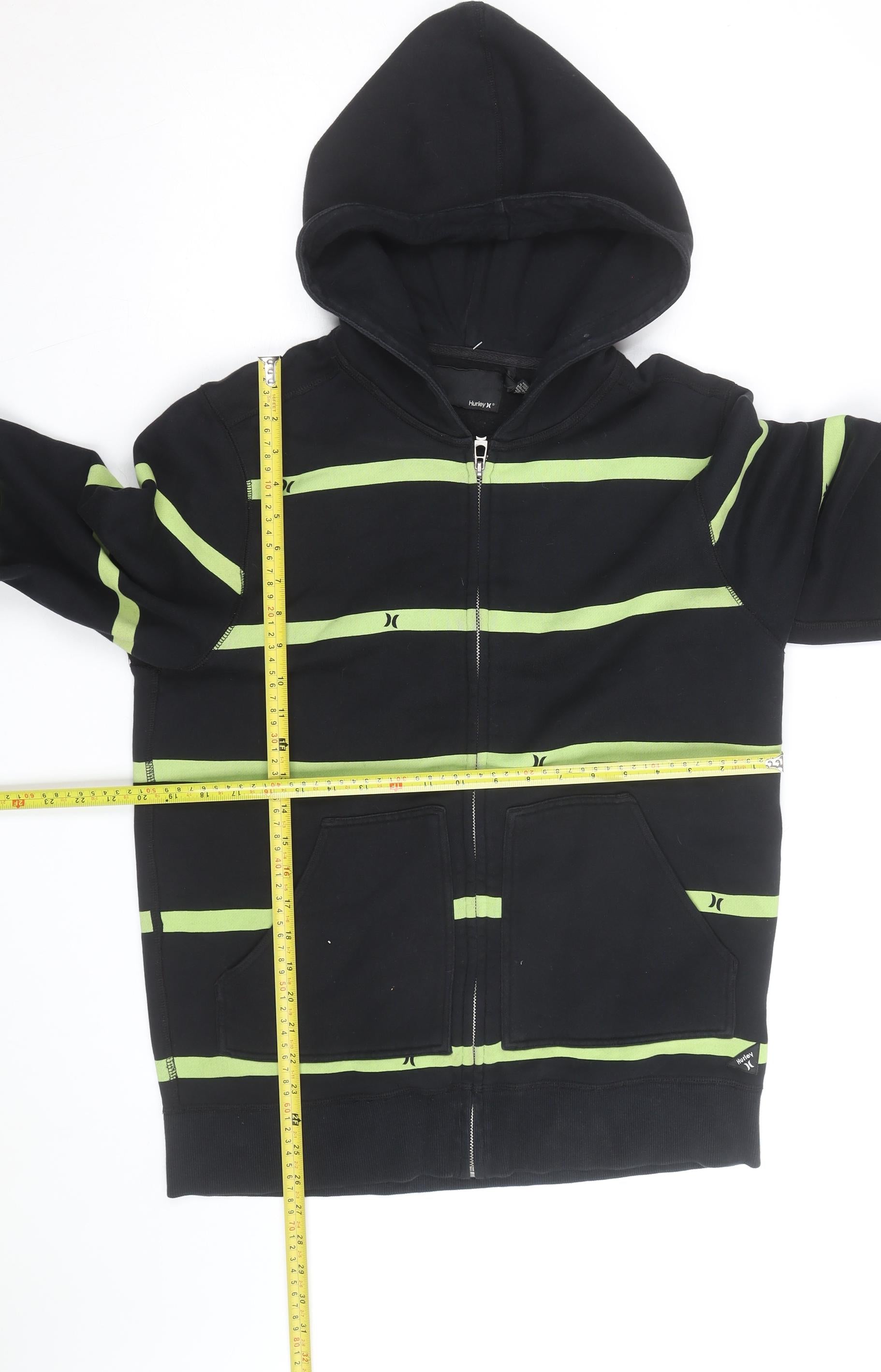 Hurley Mens Full Zip Hoodie Size M Black Striped Long Sleeve Logo - label detail